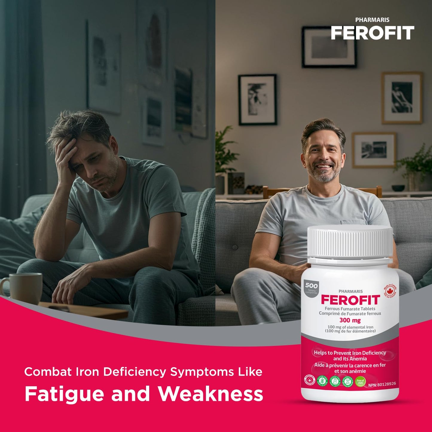 Pharmaris Ferofit - Ferrous Fumarate 300mg (100mg Elemental Iron), Iron Supplement for Women & Men, 500 Tablets