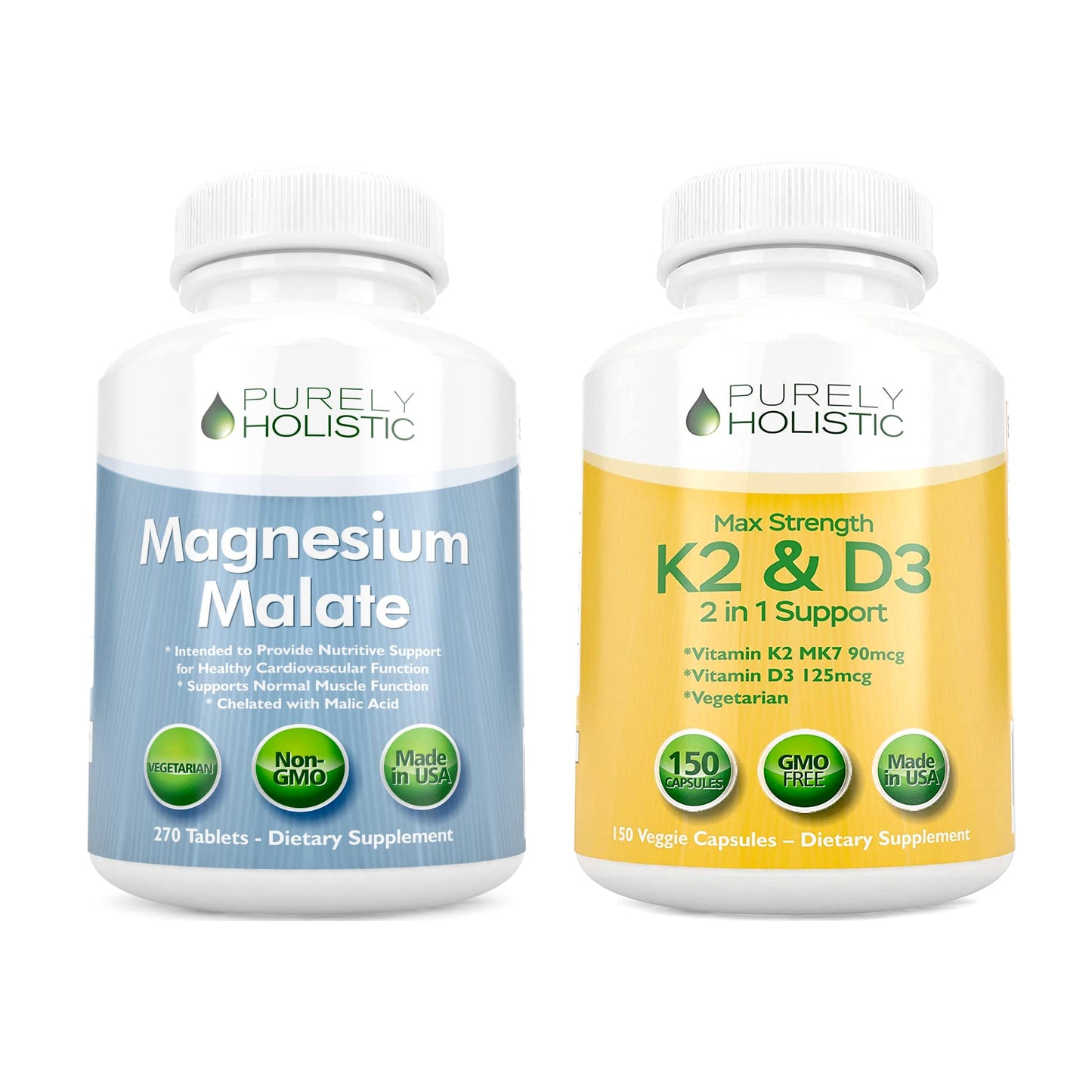 Purely Holistic Magnesium Malate 400mg + Vitamin D3 125mcg K2 MK7 90mcg, Capsules & Tablets, 270 Tablets & 150 Capsules