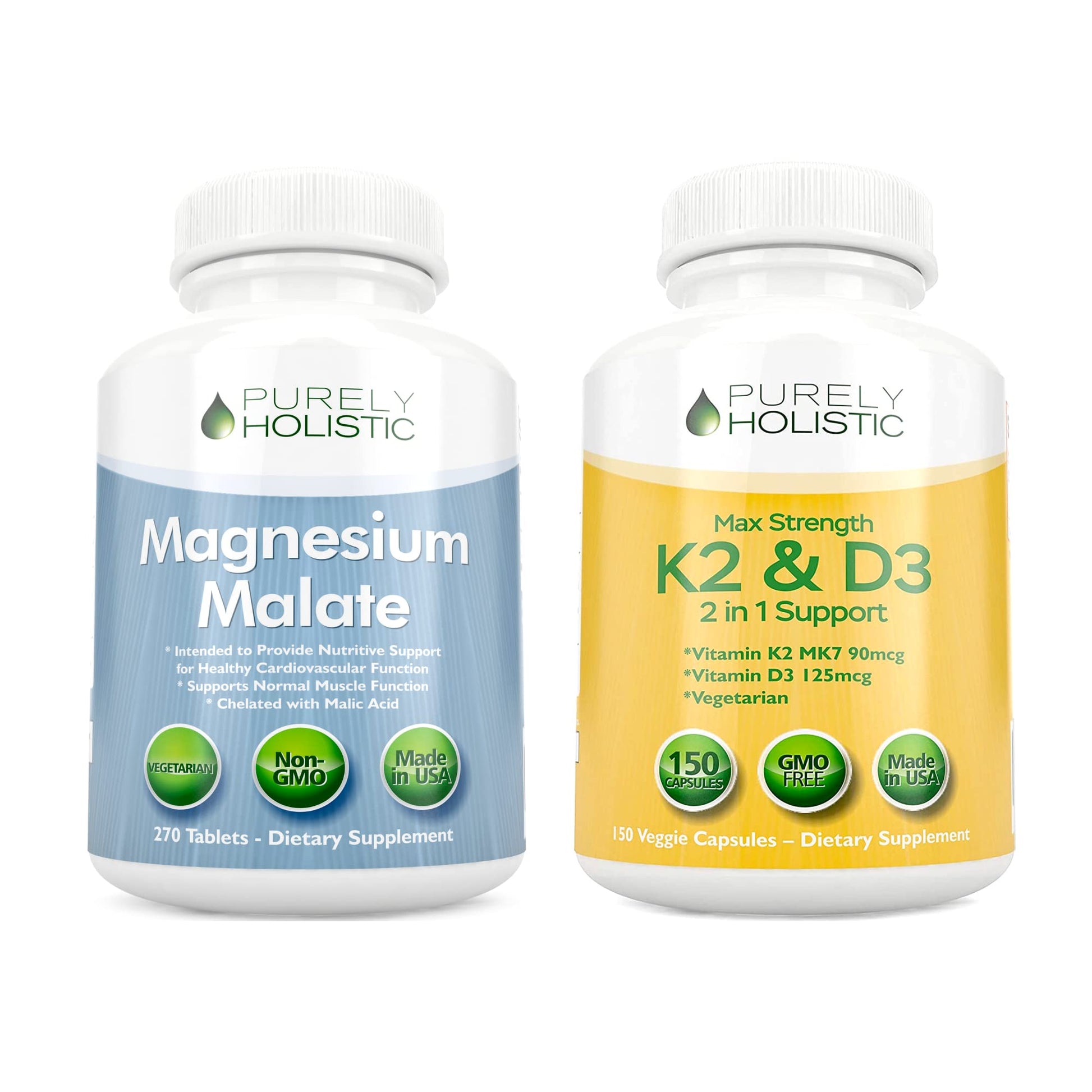 Purely Holistic Magnesium Malate 400mg + Vitamin D3 125mcg K2 MK7 90mcg, Capsules & Tablets, 270 Tablets & 150 Capsules