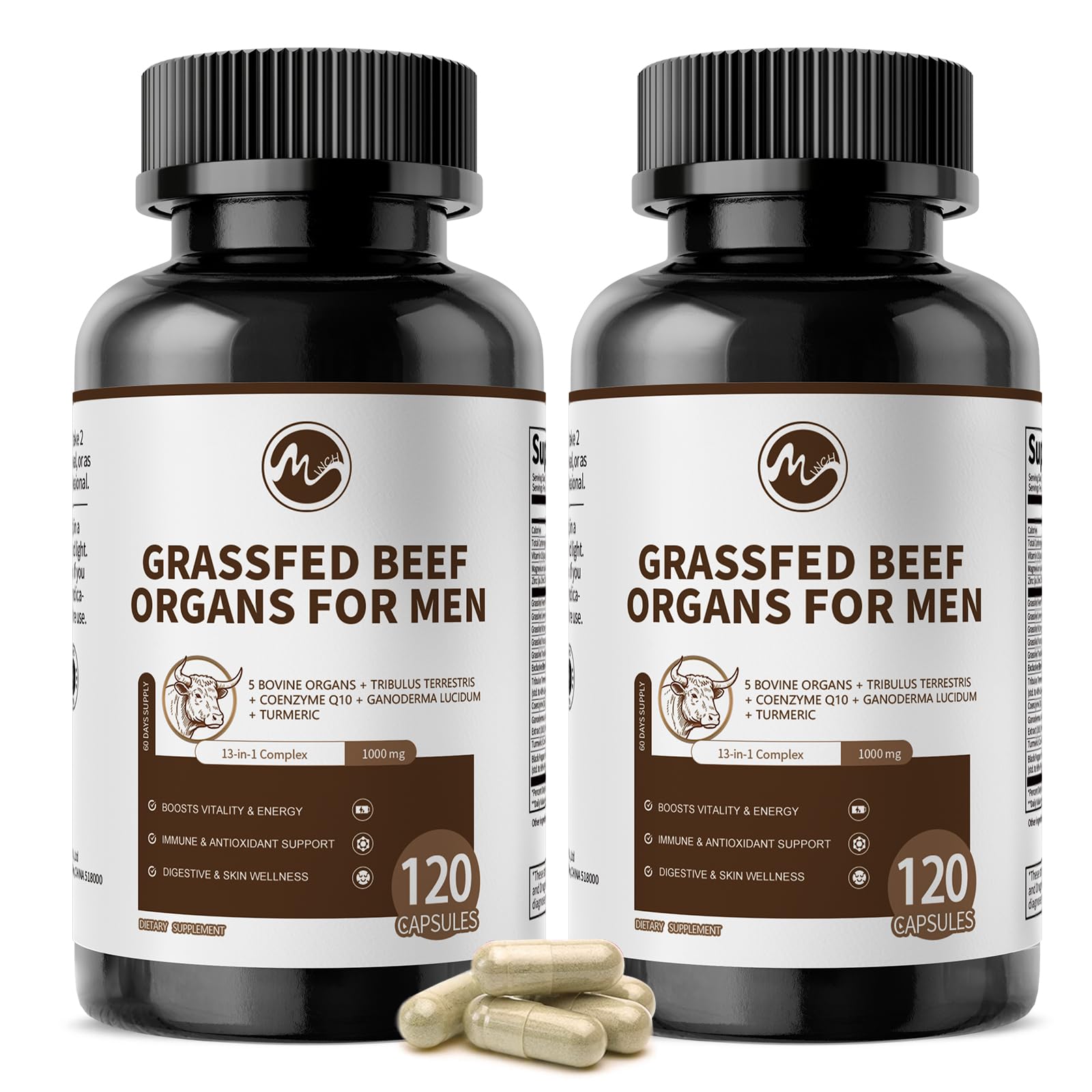 M inch Beef Liver Capsules with Kidney, Pancreas, Tribulus Terrestris, CoQ10, Zinc & Magnesium for Men's Vitality, Immune Support, Gluten-Free, Non-GMO, 240 Capsules