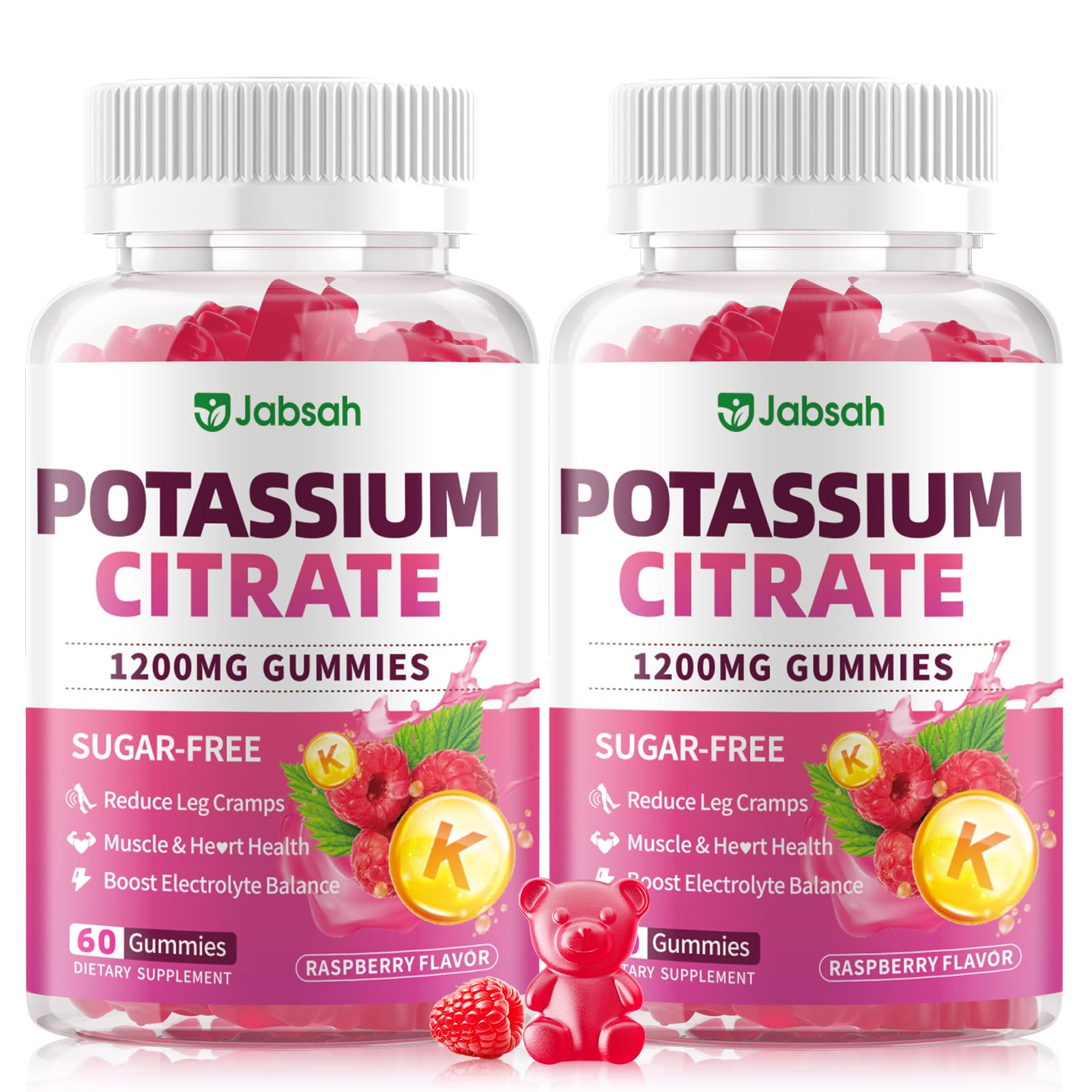Jabsah Potassium Citrate Gummies 1200mg, Sugar-Free Raspberry Flavor, 120 Gummies