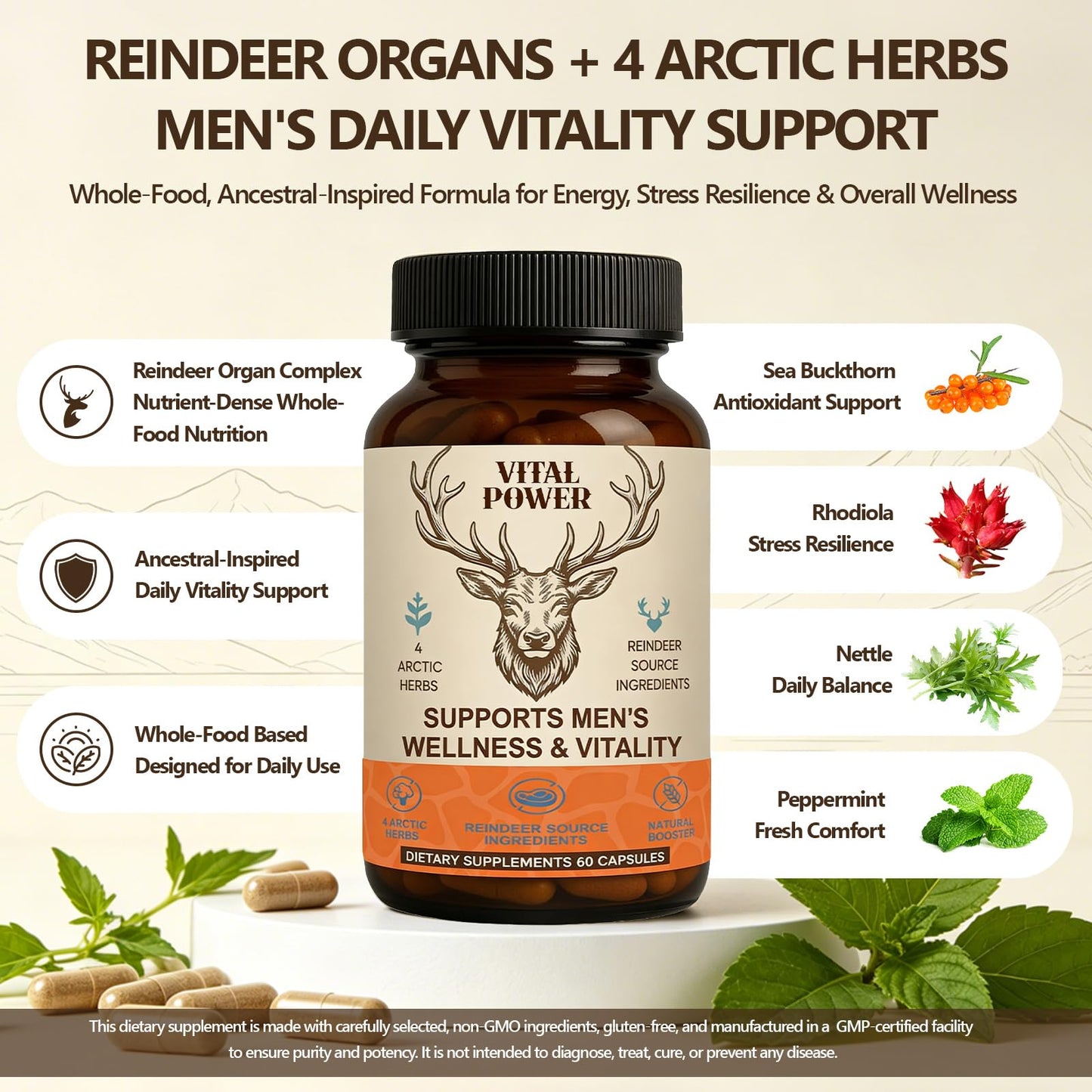 Bnaddain Men’s Vitality Supplement Arctic Herbal & Reindeer Nutrient Blend Energy Support Capsules, 60 Capsules