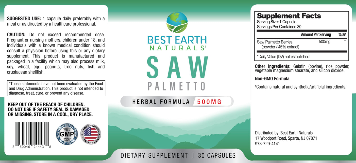 Best Earth Naturals Saw Palmetto 500 mg Capsule, 30 Count