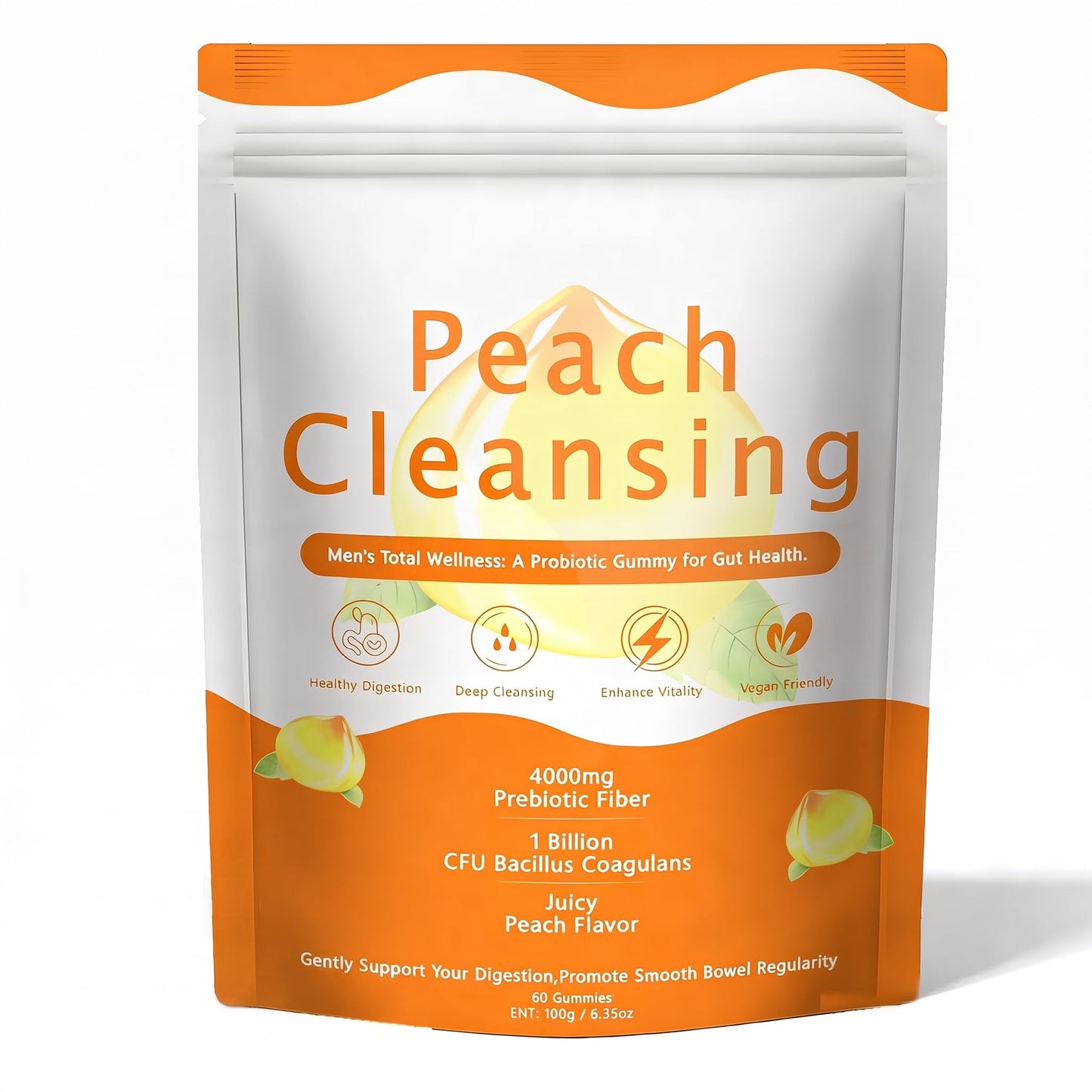 SERSANVE Peach Clean Fiber Gummies with Prebiotic for Men, 60 Count