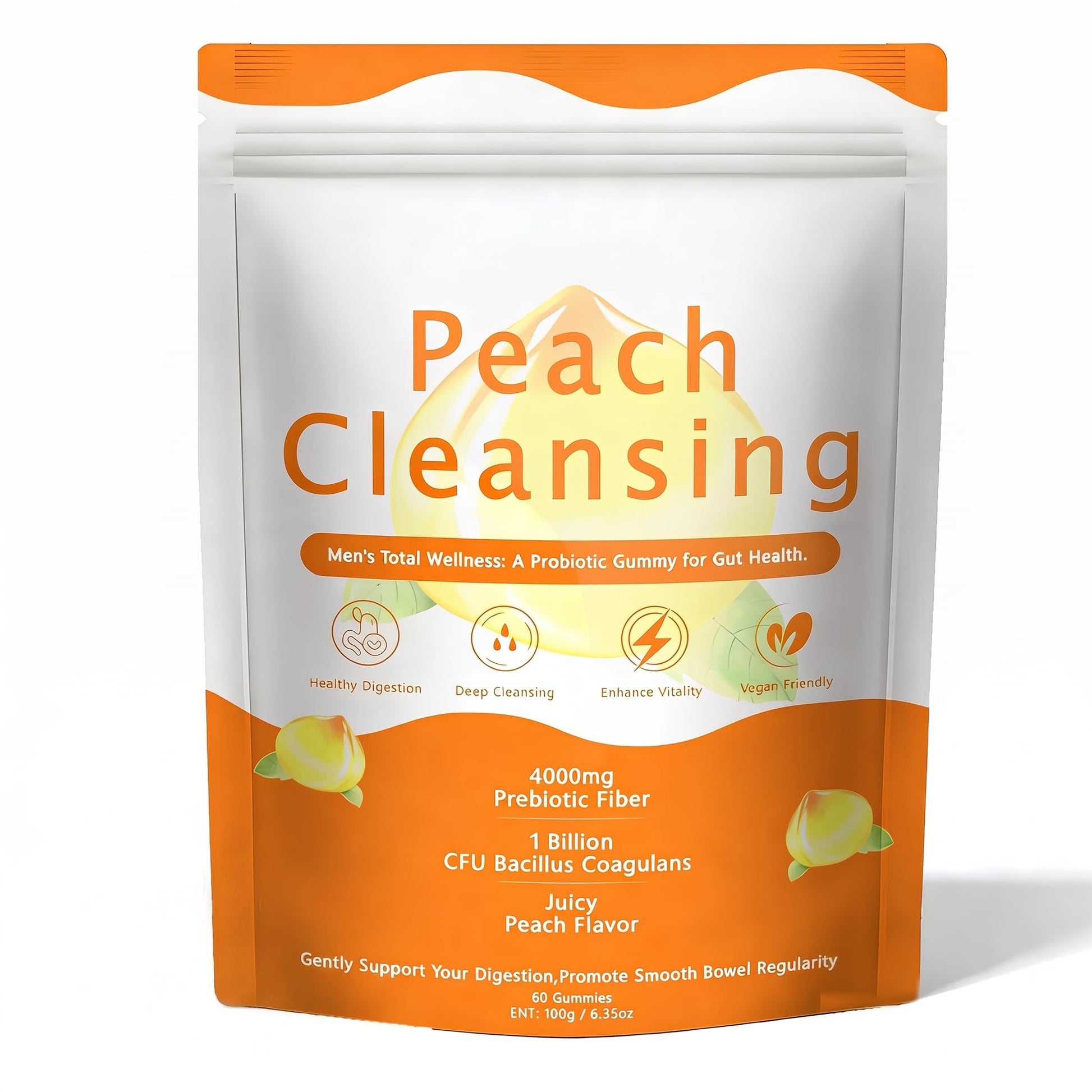 SERSANVE Peach Clean Fiber Gummies with Prebiotic for Men, 60 Count