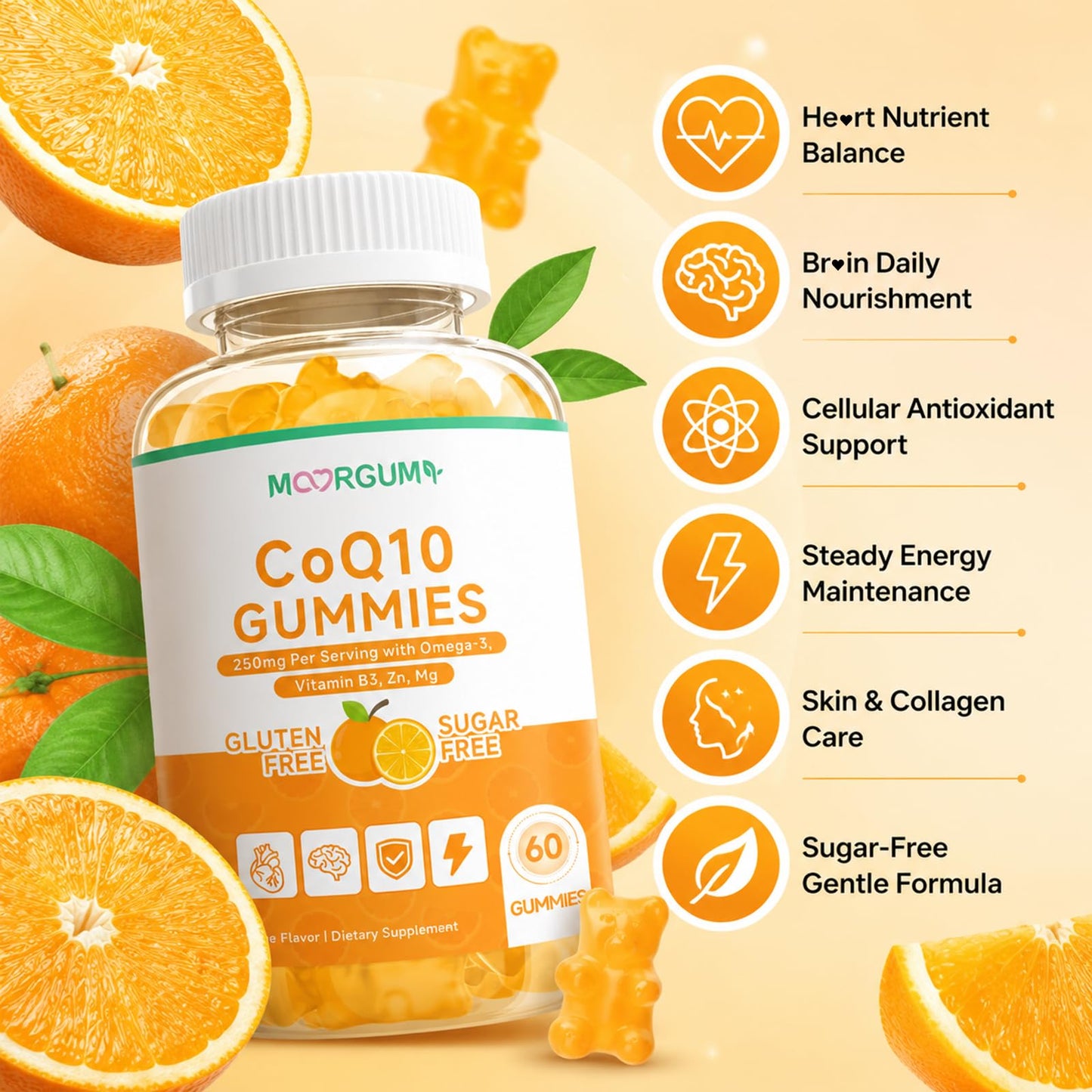 MOORGUMY CoQ10 Gummies 250mg High Absorption Coenzyme Q10 with Omega-3, Vitamin B3, Zinc, Magnesium, Supports Heart Health, Cellular Energy & Antioxidant, Vegan, Non-GMO, Orange Flavor, 60 Count