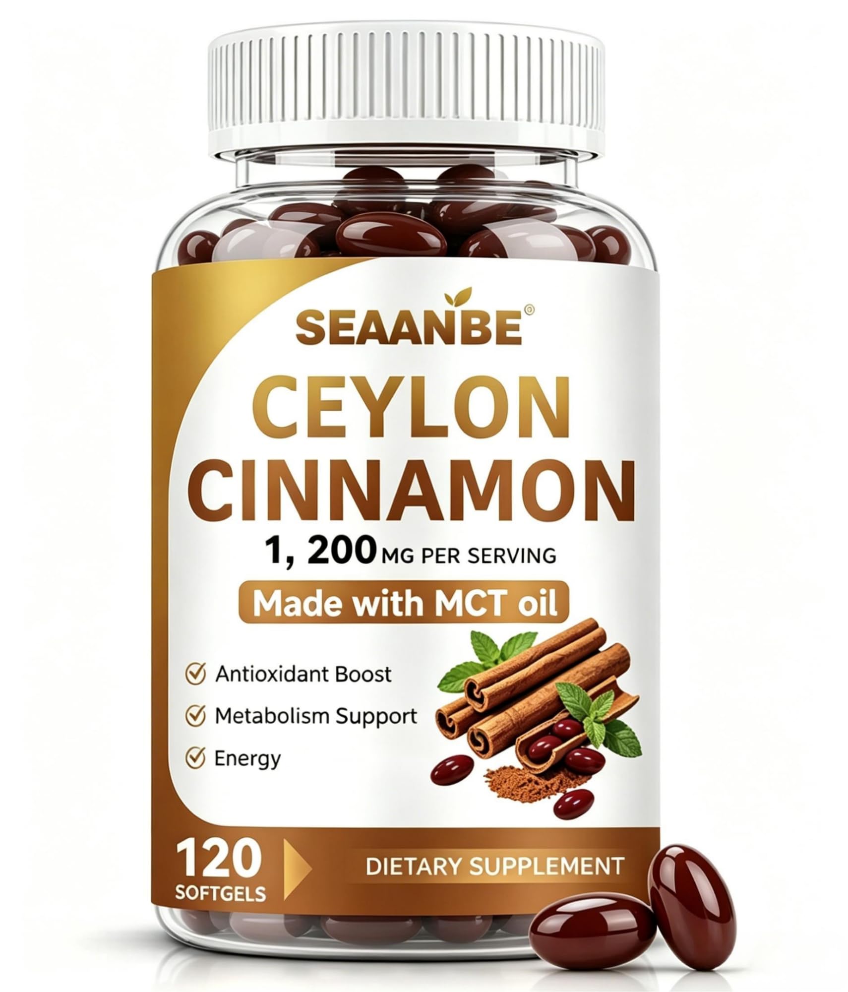 SEAANBE Ceylon Cinnamon Softgels 1200mg per Serving with MCT Oil, 120 Count