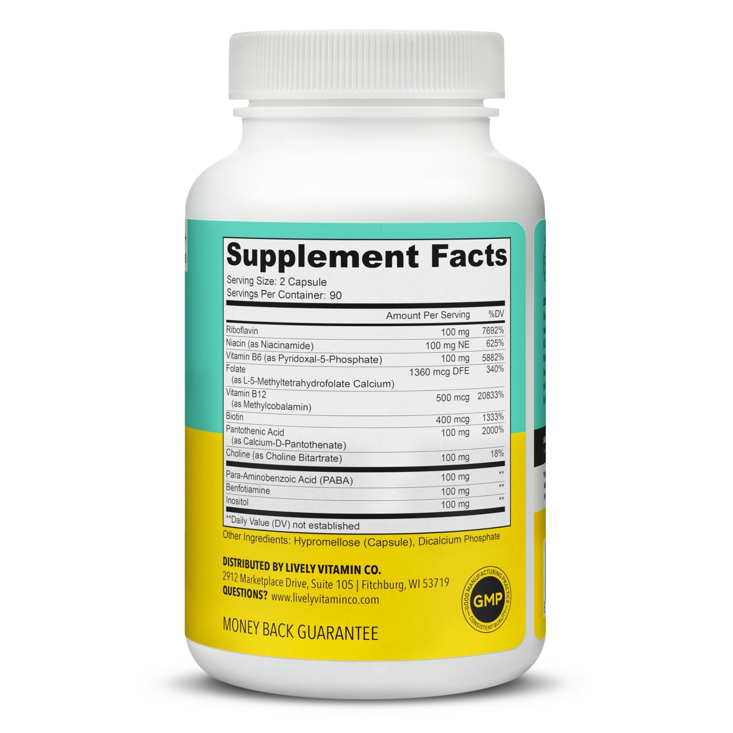 LIVELY VITAMIN CO Busy Bee - Highly Bioavailable Vitamin B Complex with Choline - Energy - Stress - Brain Fog - Mental Clarity - Oxidative Damage - Dairy Soy Gluten Free Capsule, 180 Count
