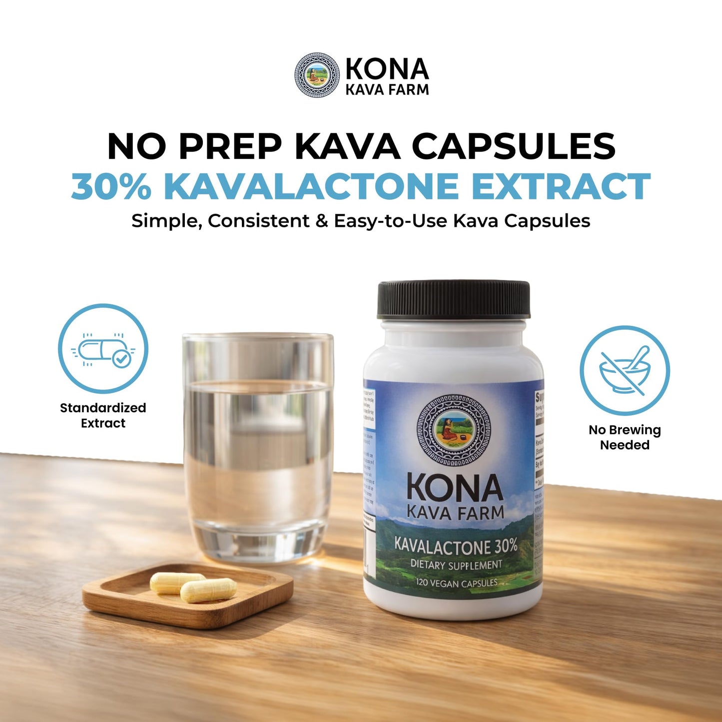 Kona Kava Farm Kava Extract Capsules (30% Kavalactone), 120 Count