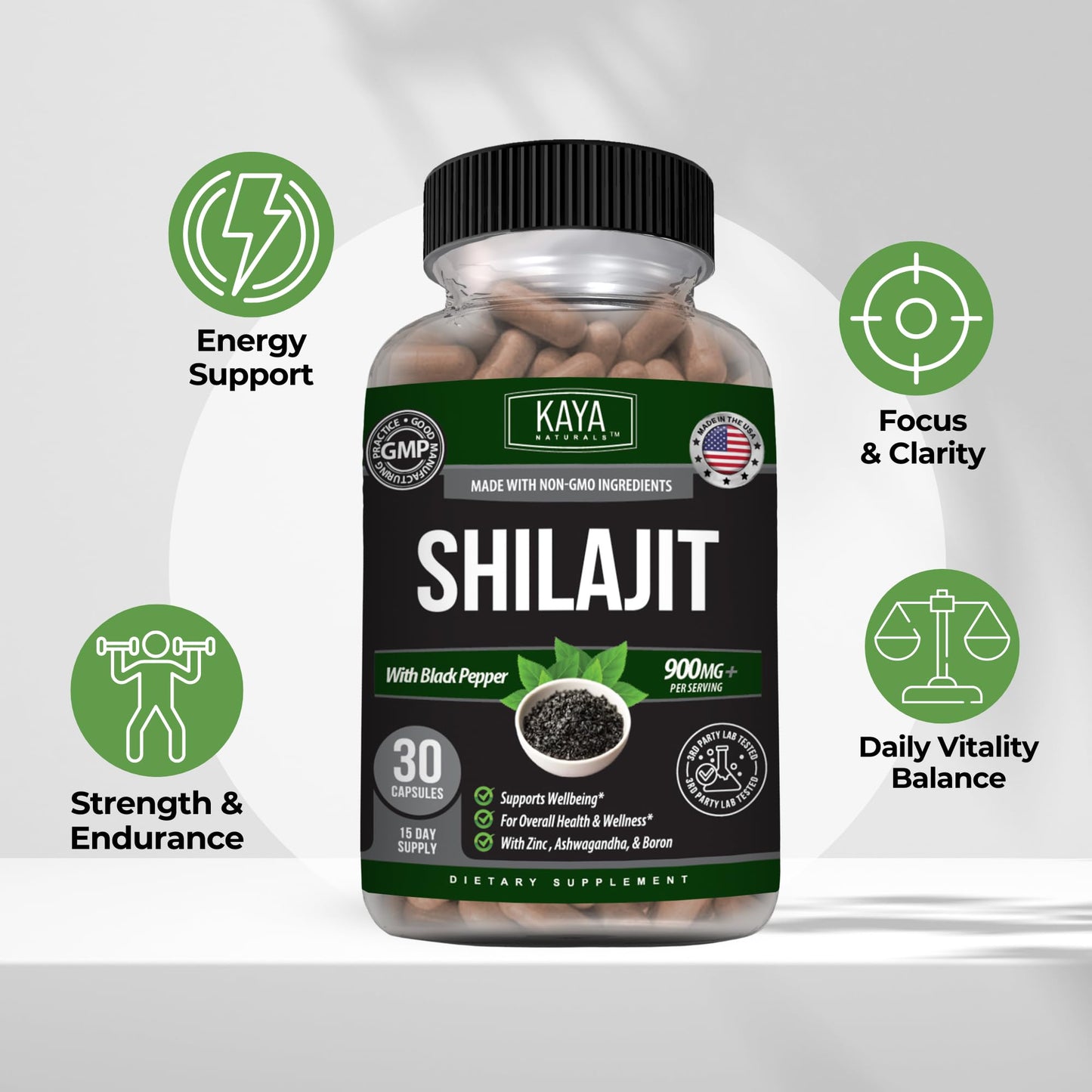 Kaya Naturals Shilajit with Black Pepper 900mg per Serving Capsule 30 Count