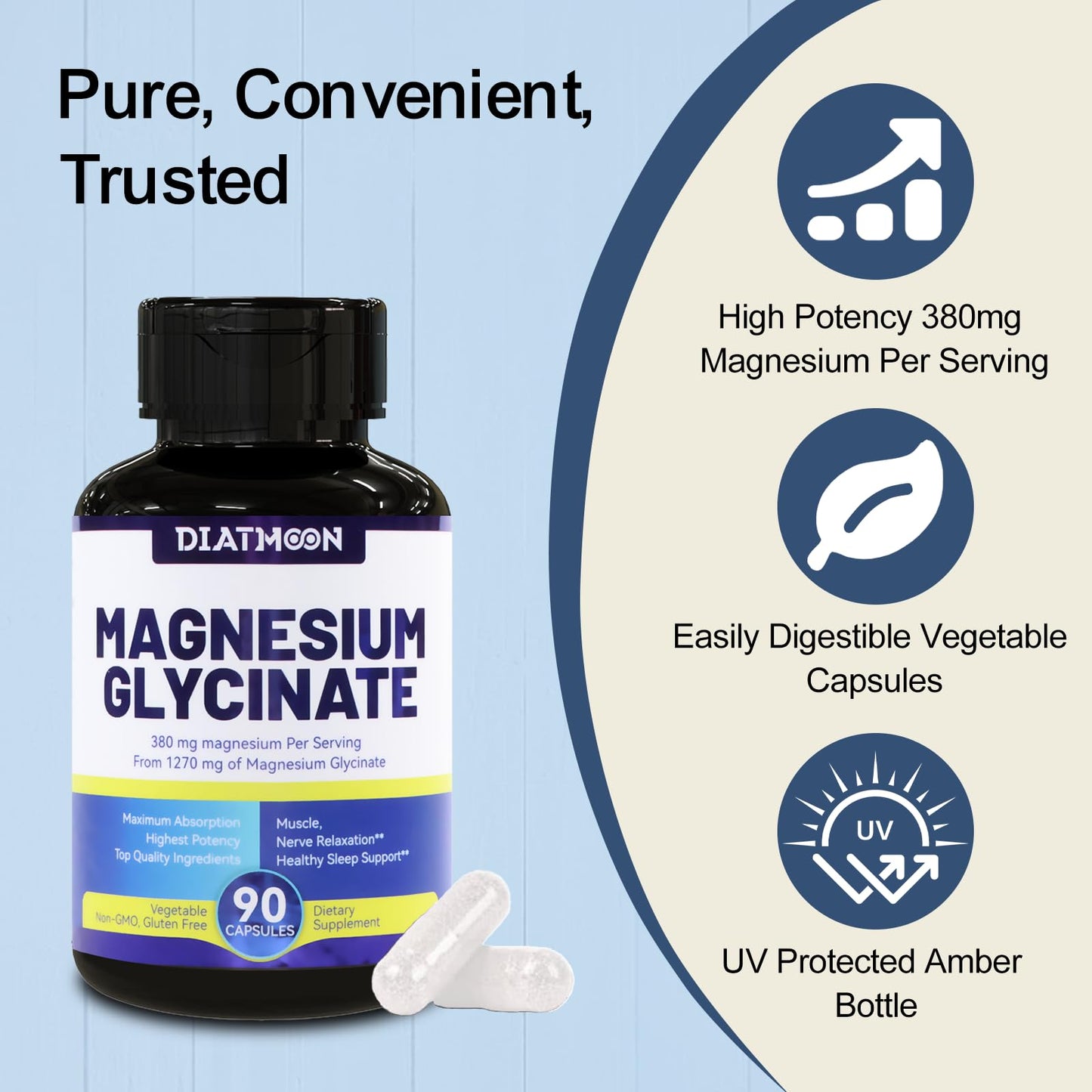 DIATMOON Magnesium Glycinate Capsules 1270mg, 90 Count