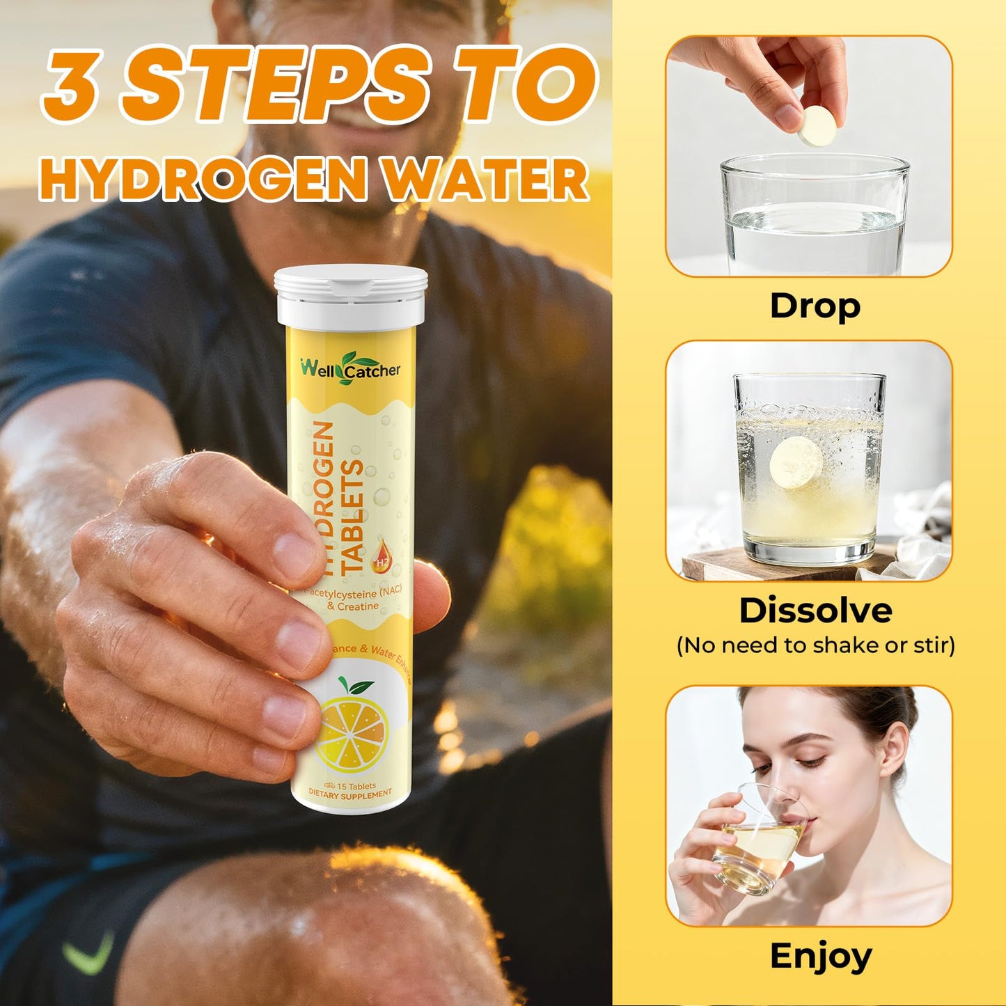 Wellcatcher Hydrogen Tablets for Drinking Water, Molecular Hydrogen Tabs 12.4PPM with Magnesium NAC Creatine, Lemon Flavor, 15 Tablets