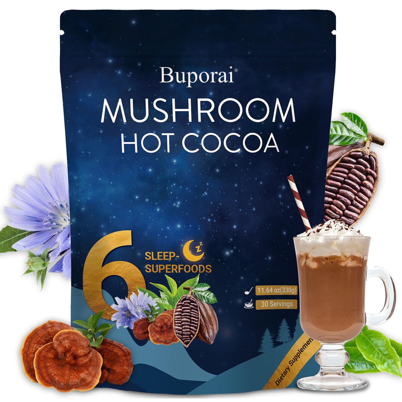 Buporai Mushroom Hot Cocoa with Melatonin, Reishi Powder 11.64 Ounce