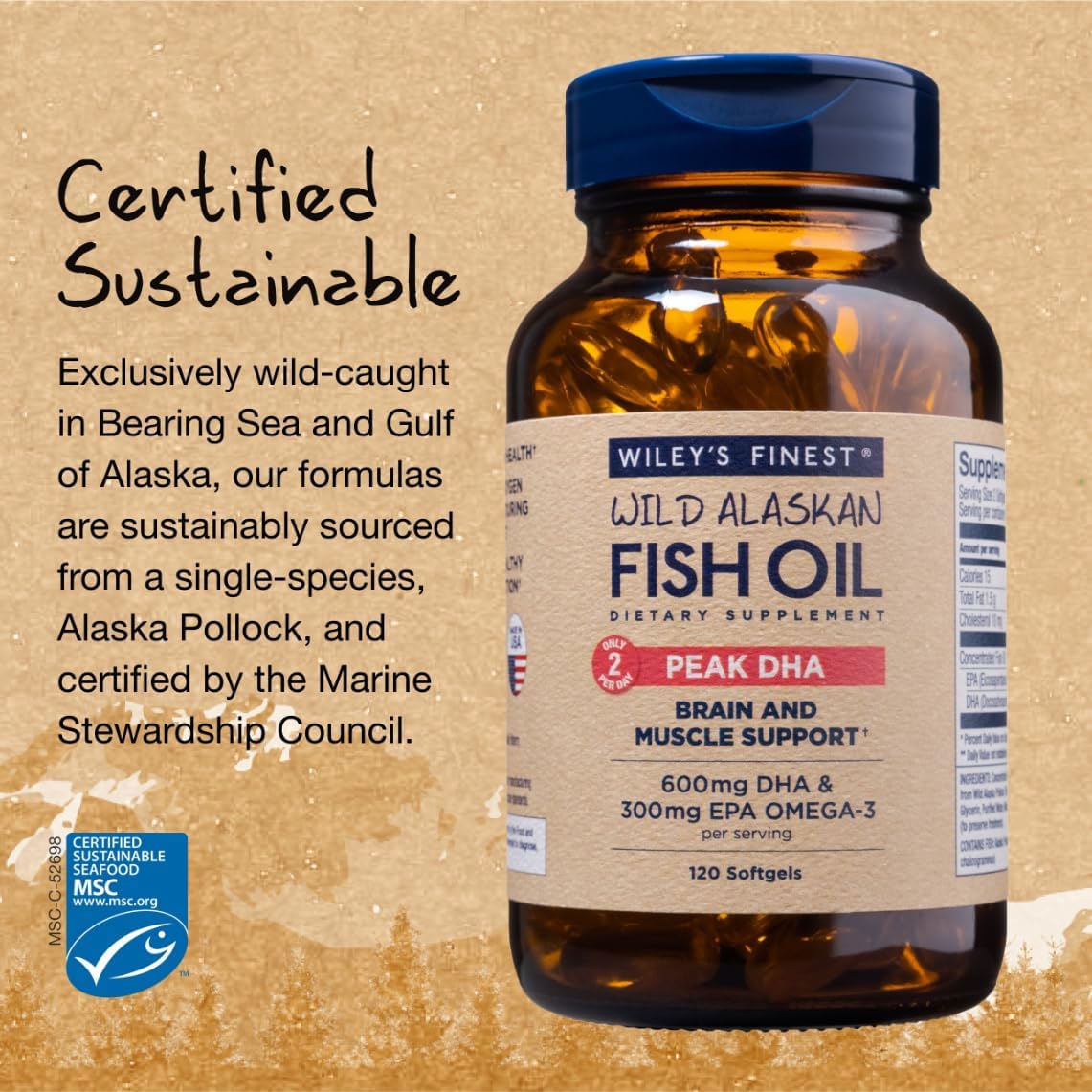 Wiley's Finest Wild Alaskan Fish Oil Peak DHA Softgel, 120 Count