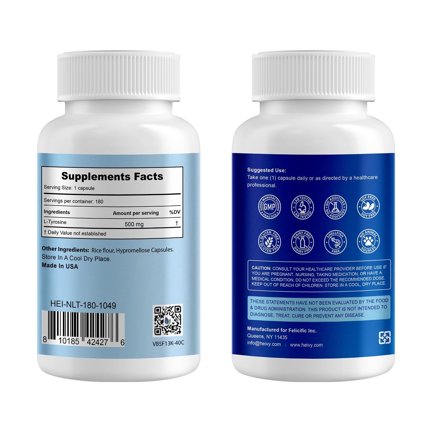 Heivy L-Tyrosine 500mg Amino Acid Supplement Focus & Mental Energy Support Capsule 180 Count