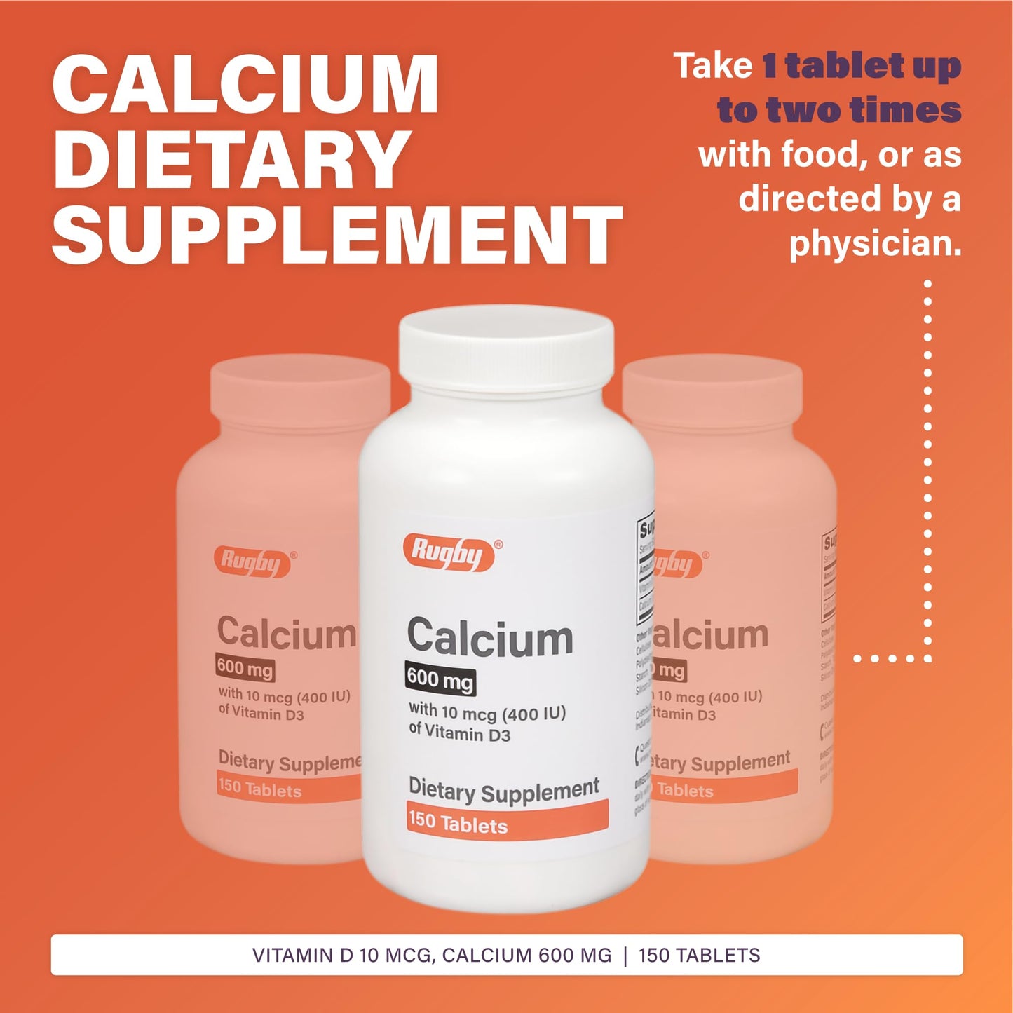 MAJOR Rugby 600 mg Calcium Tablets with 10 mcg (400 IU) Vitamin D3, 150 Tablets