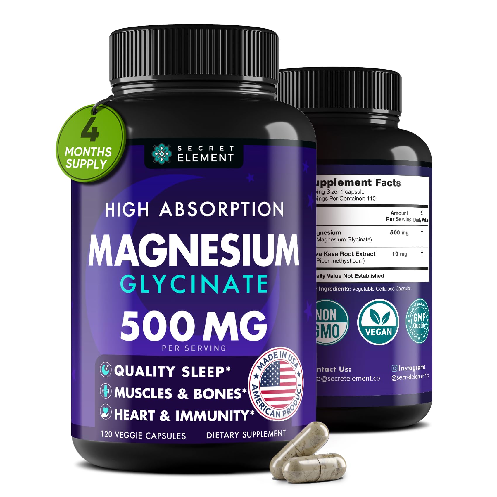 Secret Element Magnesium Glycinate 500MG Capsules, 120 Count