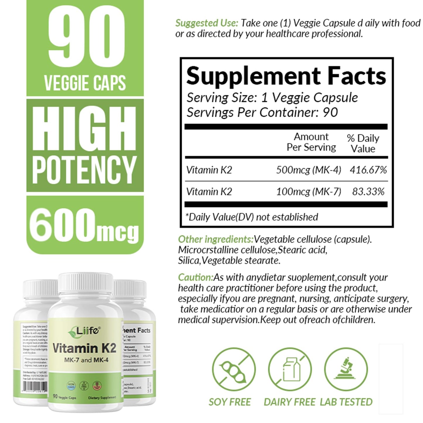 LIIFE Vitamin K2 600mcg Supplement with MK-7 100mcg & MK-4 500mcg, 90 Capsules
