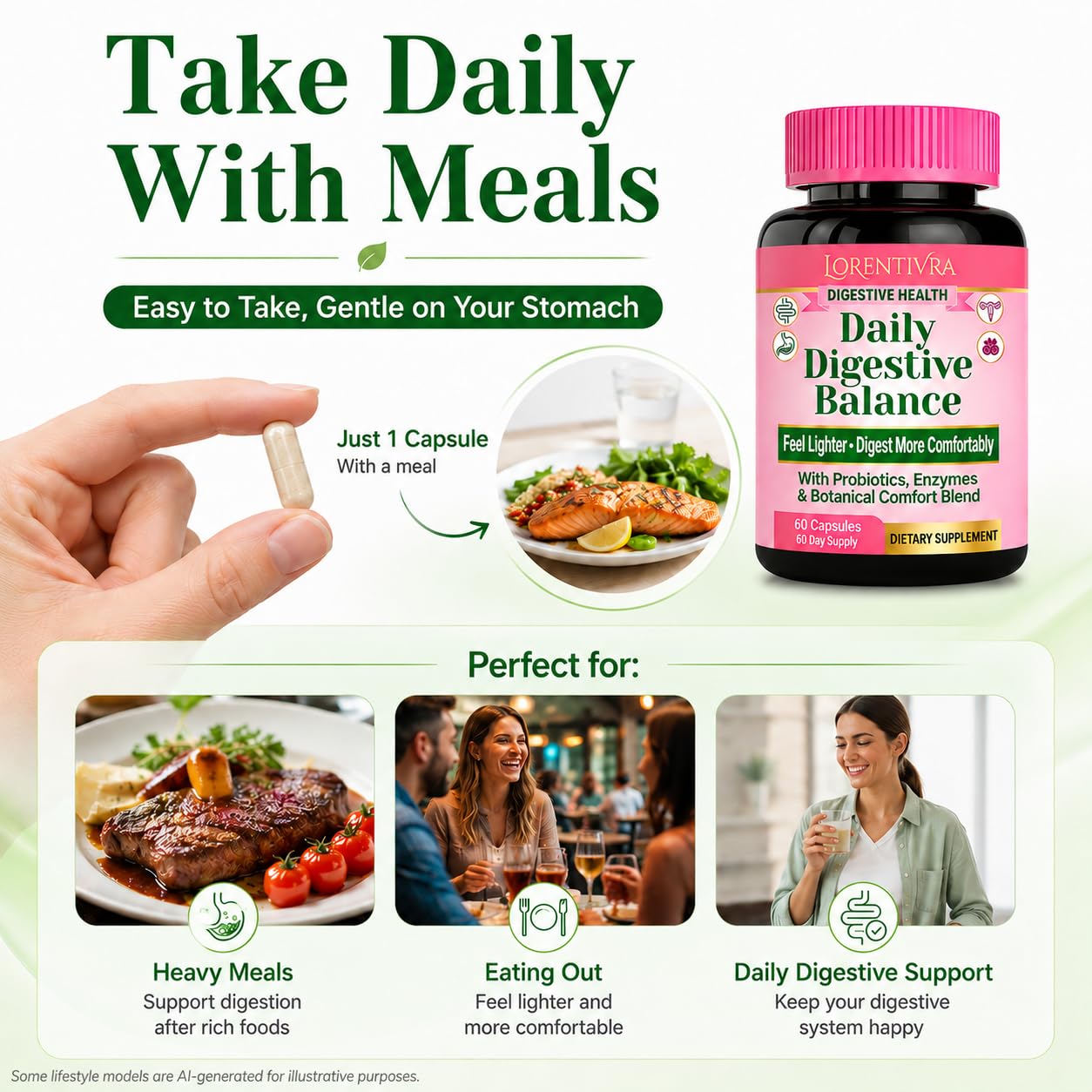 Lorentivra Daily Gut Health Supplement with 13 Digestive Enzymes, Prebiotics, Probiotics & Magnesium Complex Capsules, 60 Capsules