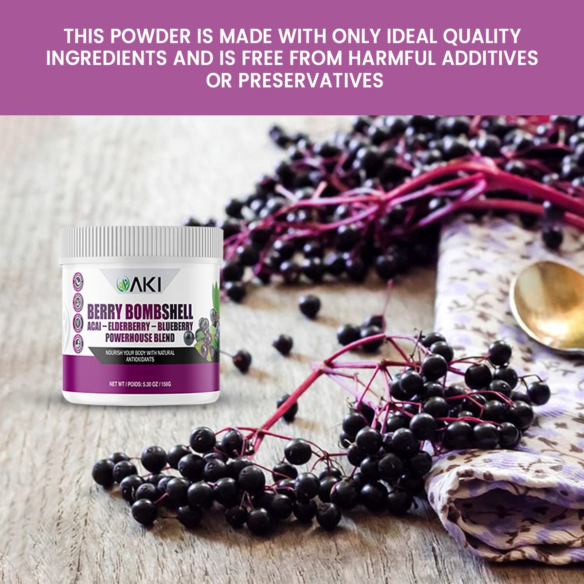 AKI ORGANIC Berry Bombshell Acai, Elderberry & Blueberry Blend Powder 5.2911