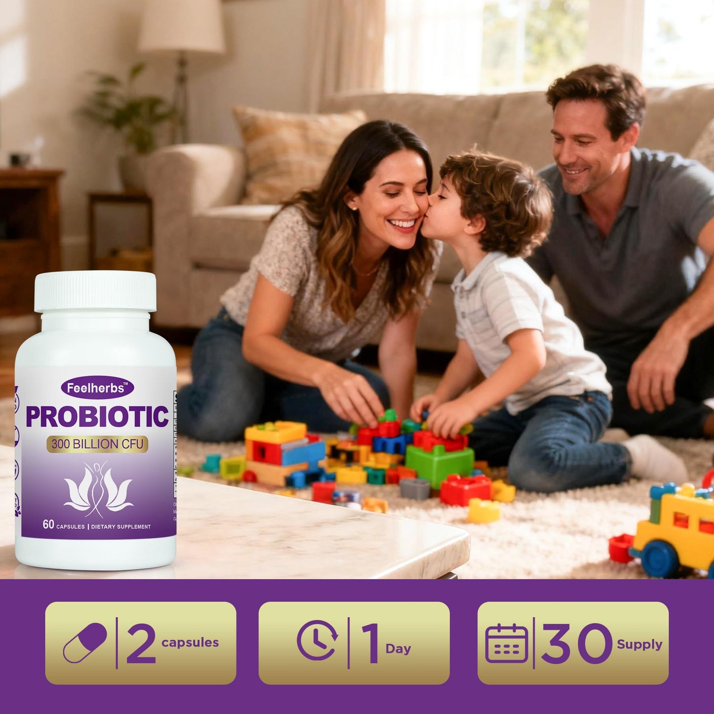 Feelherbs Probiotics Capsules for Women pH Balance & Gut, 300 Billion CFU, 60 Veggie Capsules