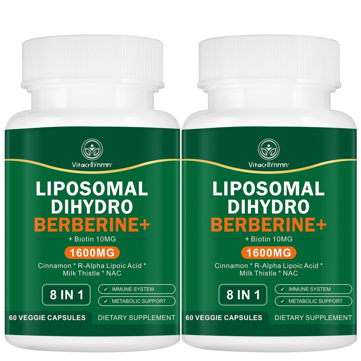 VITACRLLYNMN Dihydroberberine Supplement 1600MG Super Berberine and Dihydroberberine with Cinnamon 8 in 1 Supplement 120 Capsules