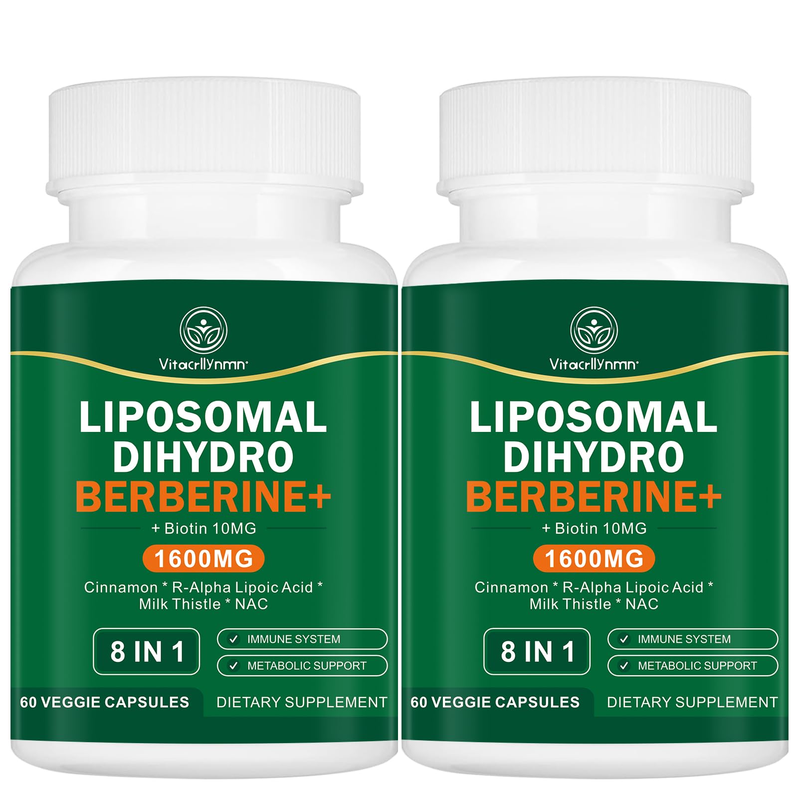 VITACRLLYNMN Dihydroberberine Supplement 1600MG Super Berberine and Dihydroberberine with Cinnamon 8 in 1 Supplement 120 Capsules
