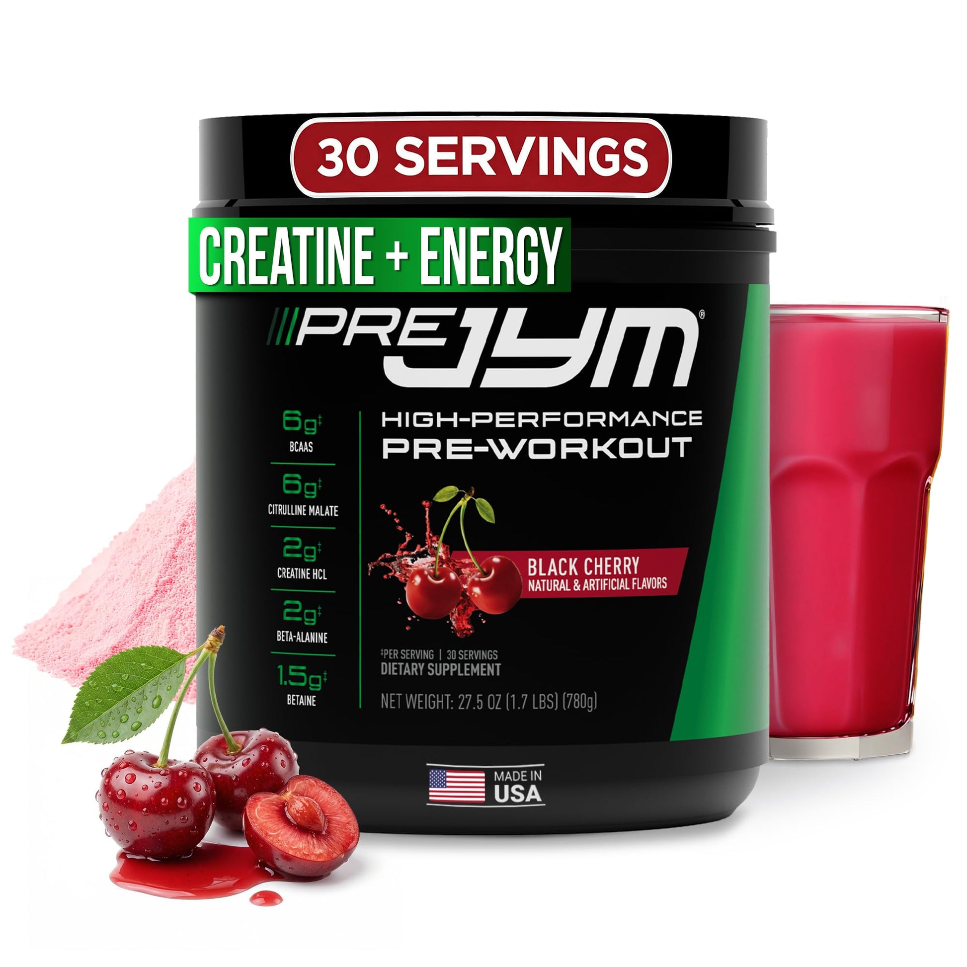JYM Supplement Science Pre JYM Black Cherry Pre Workout Powder, 30 Servings