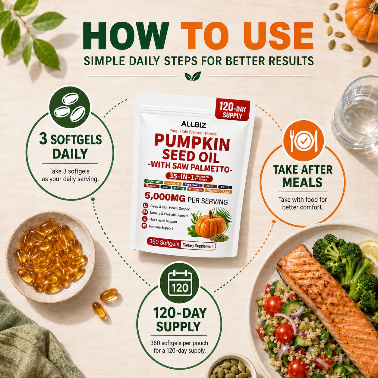 ALLBIZ Pumpkin Seed Oil with Saw Palmetto Softgels, 360