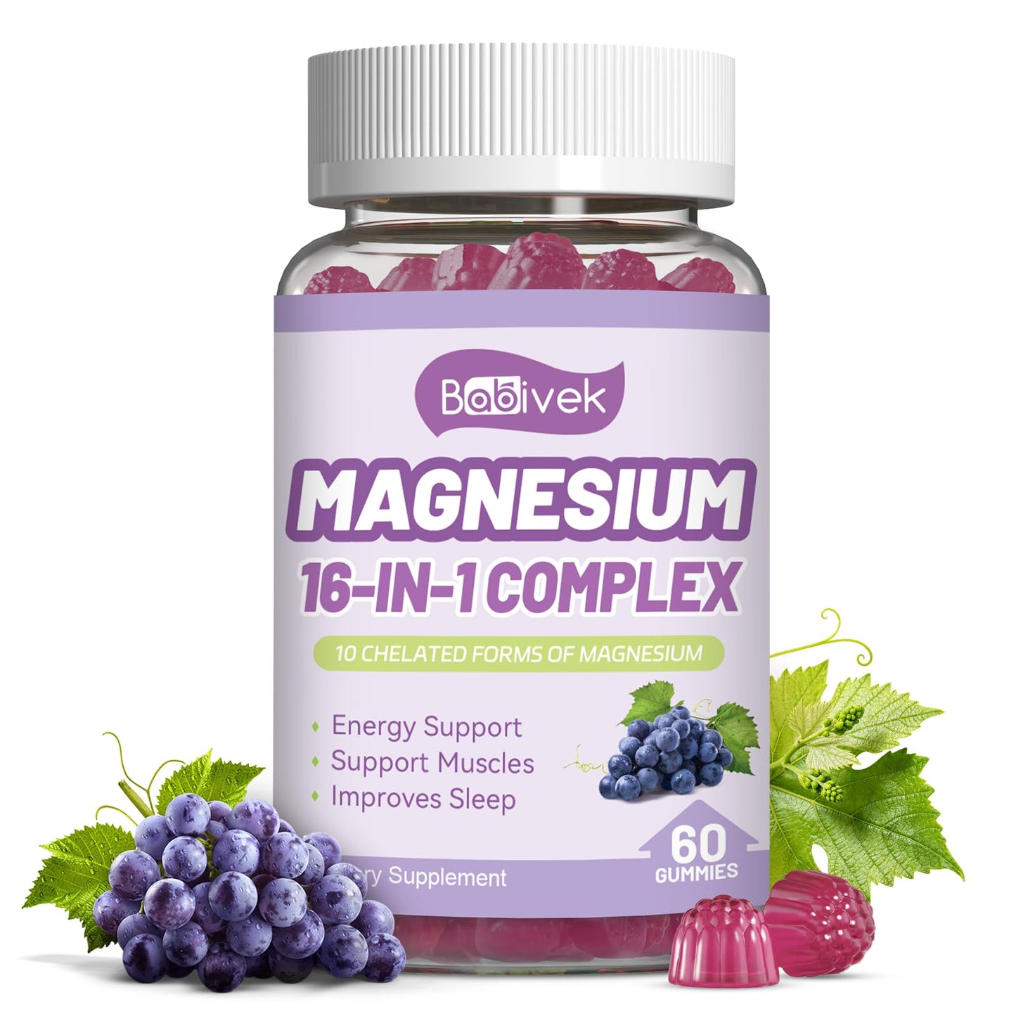 Babivek Magnesium Gummies with Vitamin D3, C, B6, B12 & Zinc, 60 Gummies