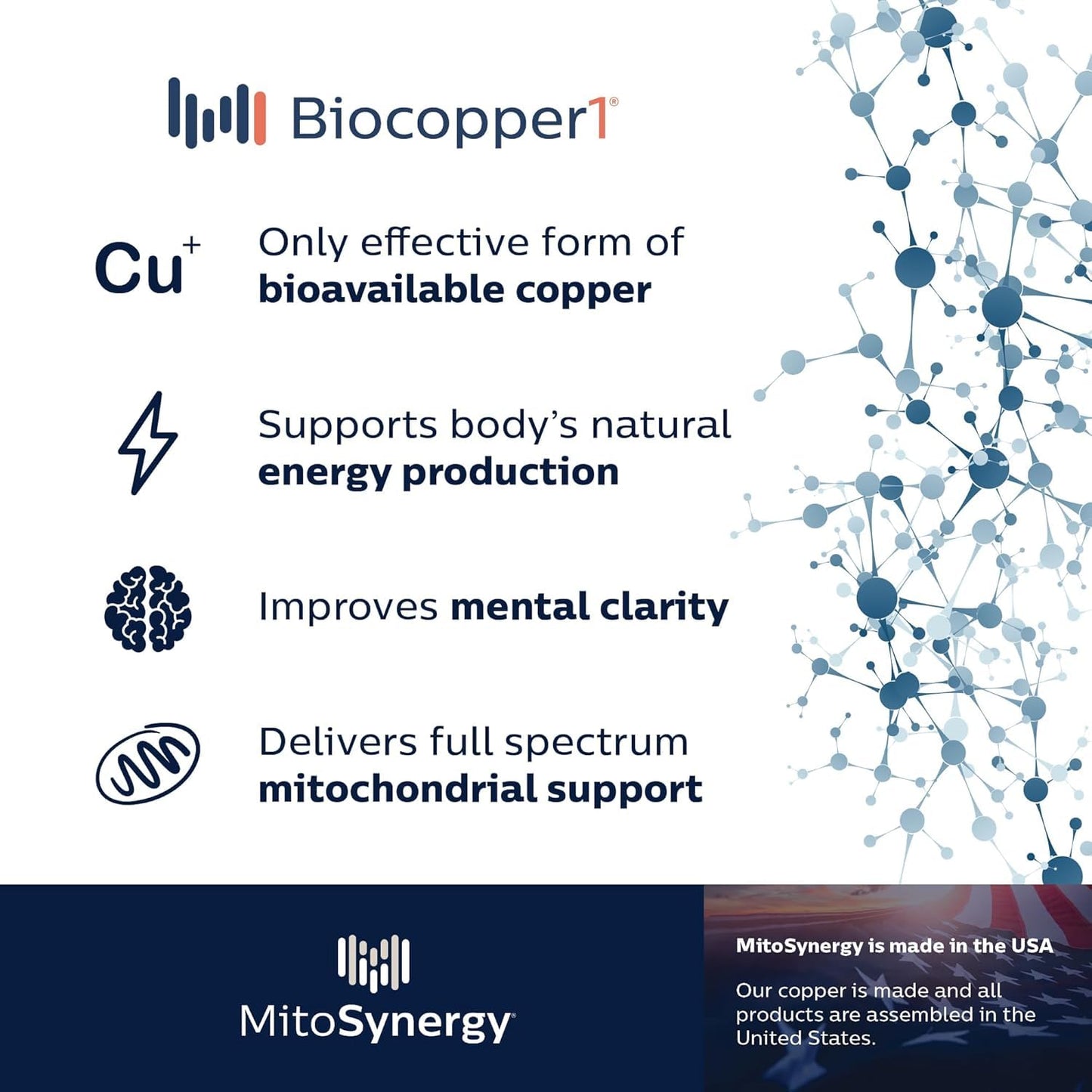 MitoSynergy Original BioCopper1 (Cunermuspir) - BioAvailable Copper MultiVitamin with CoQ10 and d-ribose to Boost NAD+ Supports Mitochondrial ATP Energy Brain and Joint Health Capsule, 60 Count