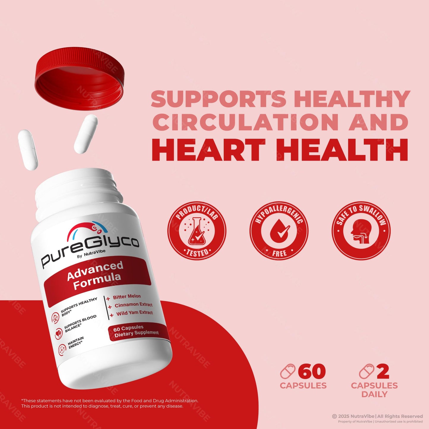 NutraVibe Pure Glyco Natural Blood Balance & Circulation Support Capsules, 120 Capsules