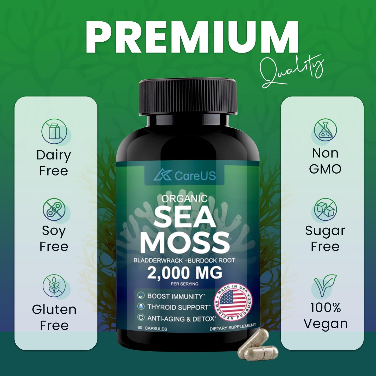 AhmedKazi Organic Sea Moss Complex with Bladderwrack and Burdock Root Capsules, 60 Count