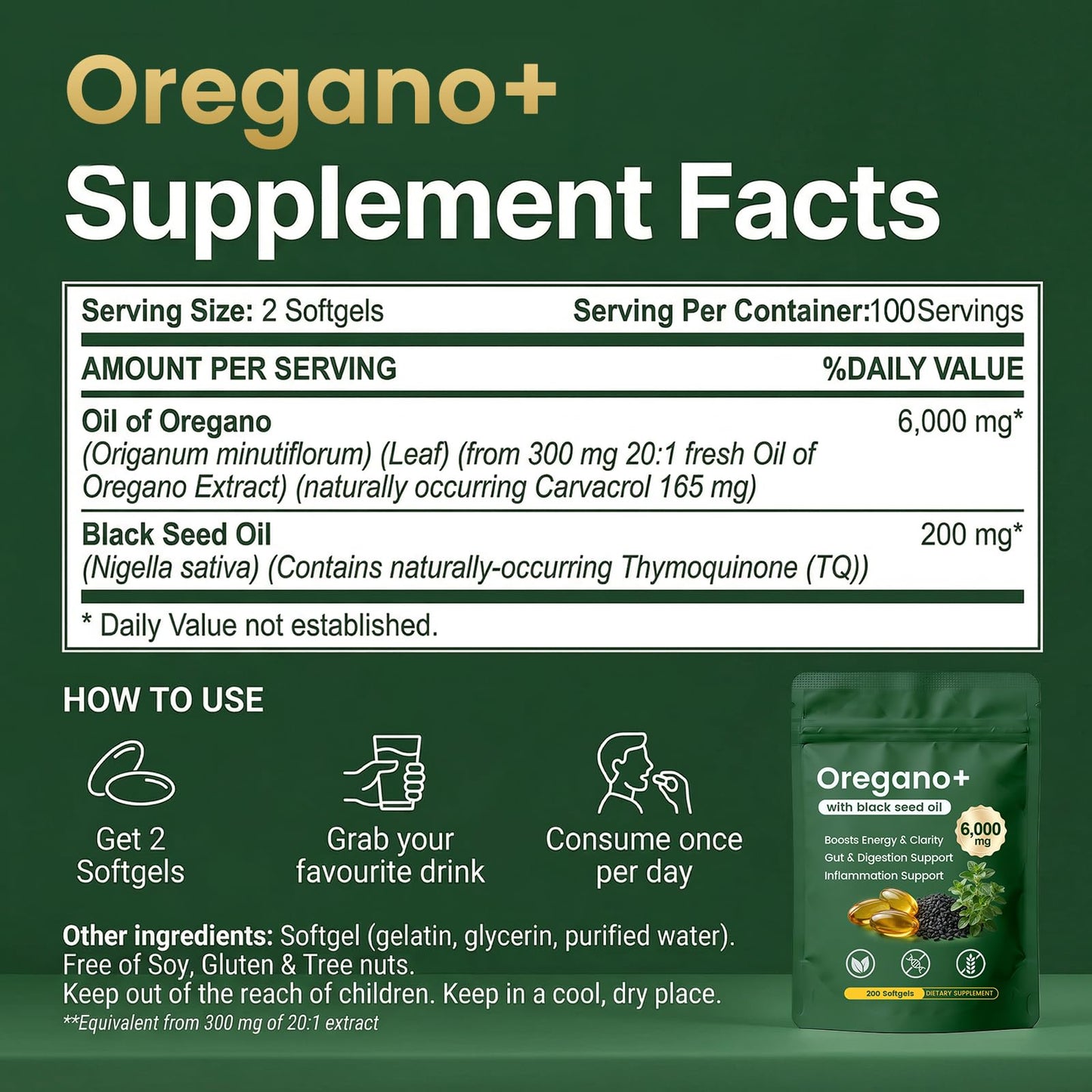 PLYNXE Oil of Oregano with Black Seed Oil Gummy 200 Count