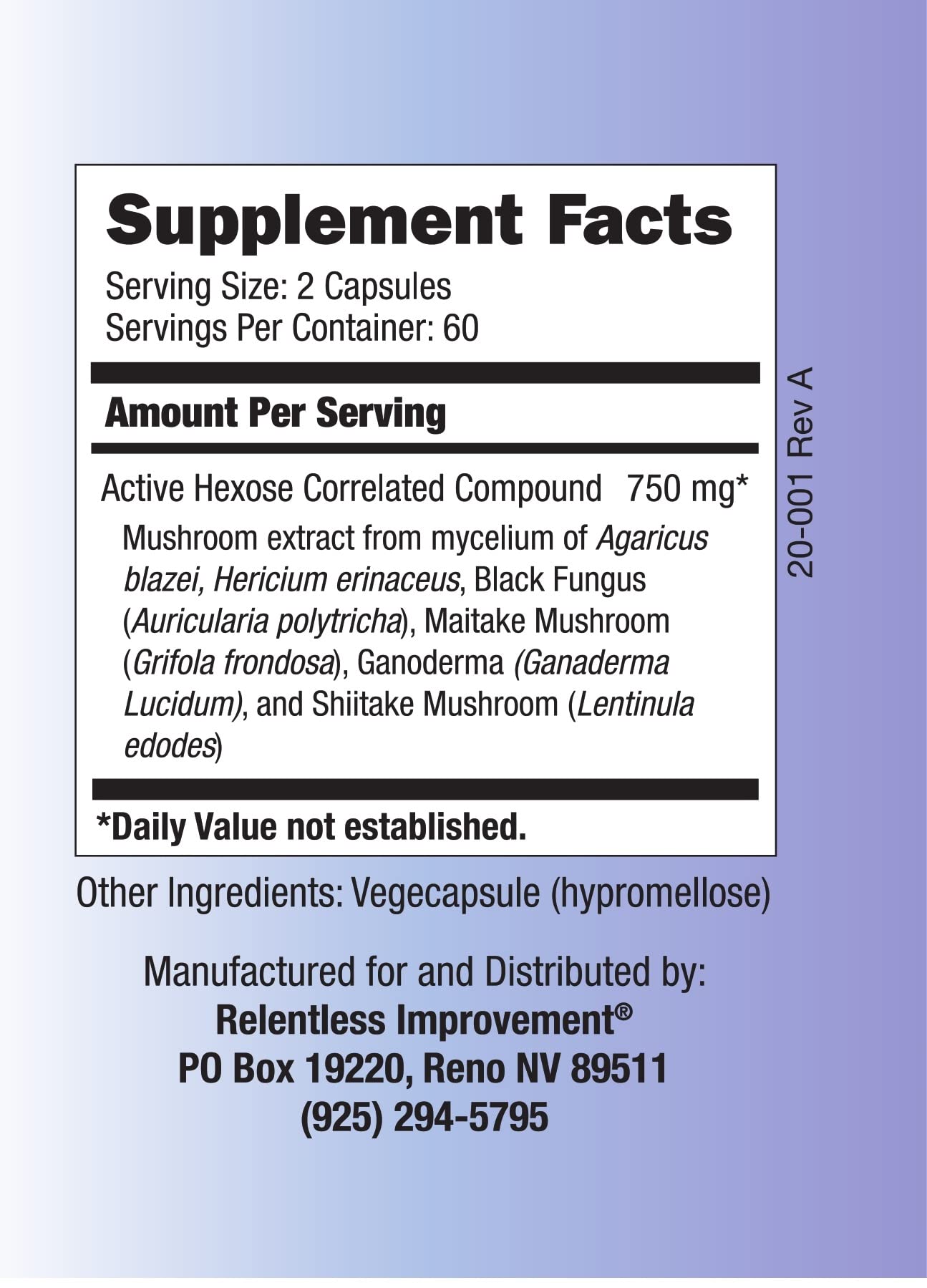 Relentless Improvement Active Hexose Correlated Compound Natural Immune Support Mushroom Extract Blend Capsules 120 Count