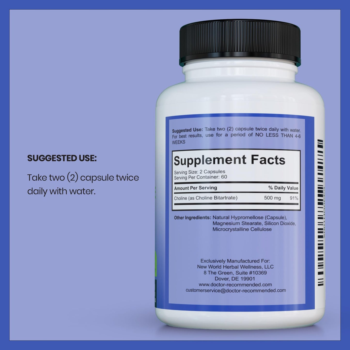 DOCTOR RECOMMENDED SUPPLEMENTS Premium Choline 500 mg Capsules, 120 Count
