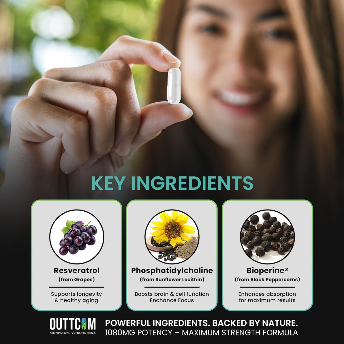 Outtcom Liposomal NAD+ Supplement 900mg — Resveratrol, B12, Phosphatidylcholine & Bioperine Capsule, 60 Count