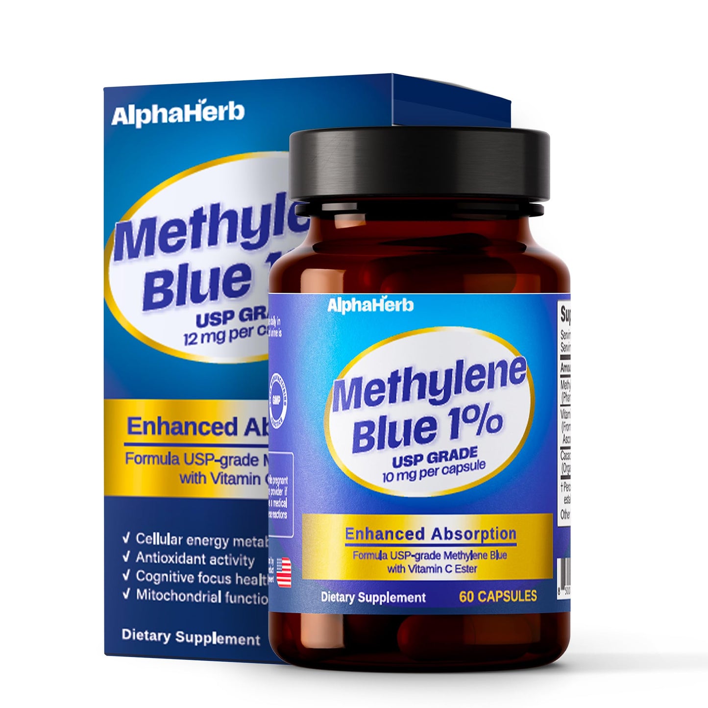 AlphaHerb Methylene Blue Pharmaceutical Grade, USP Grade – Enhanced Absorption with Vitamin C Ester & Cacao Powder – Energy, Antioxidant Support & Cognitive Focus Capsule 1