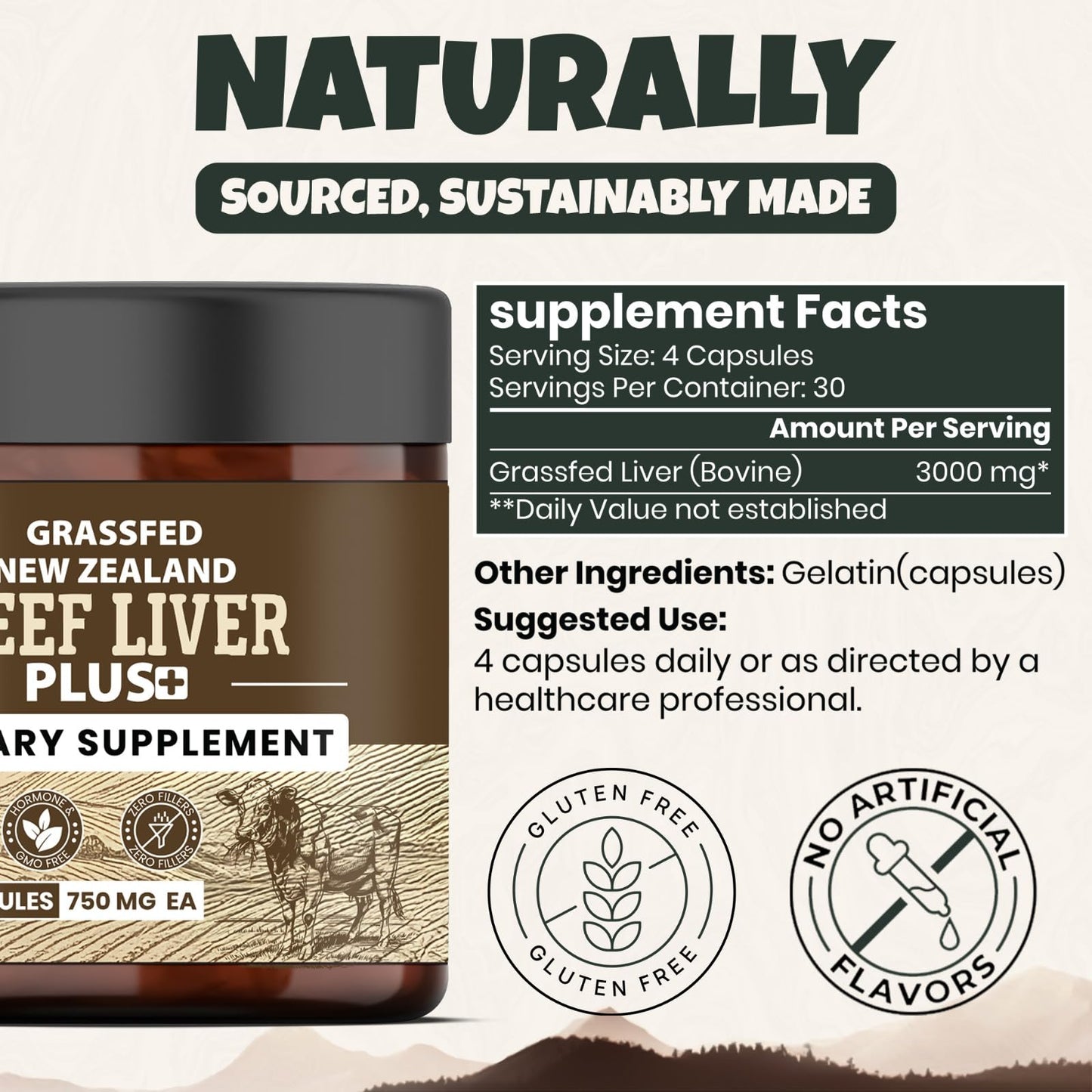 Ancient Diosa Grassfed Beef Liver Plus Supplement 3000mg, 120 Capsules
