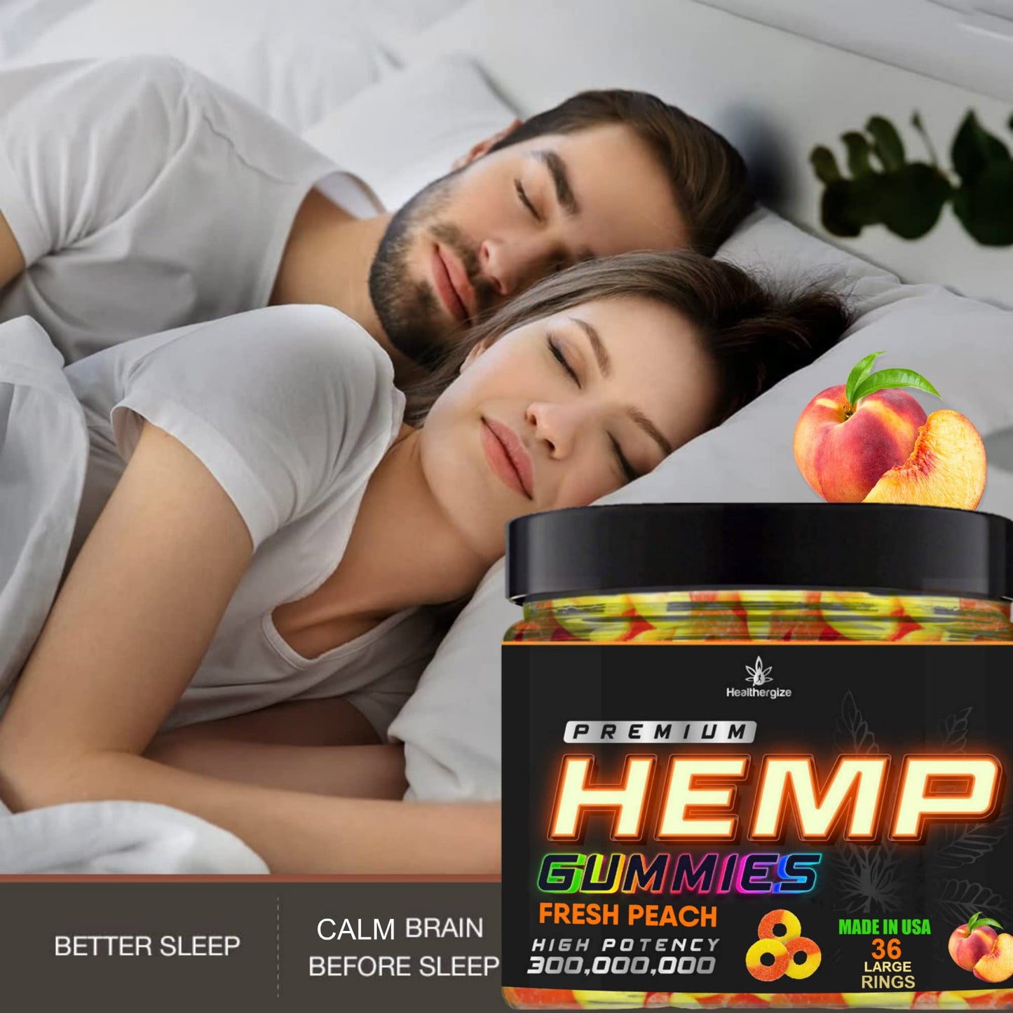 Healthergize Hemp Gummies Sleep Peach Ring Gummy Bears, 36 Count