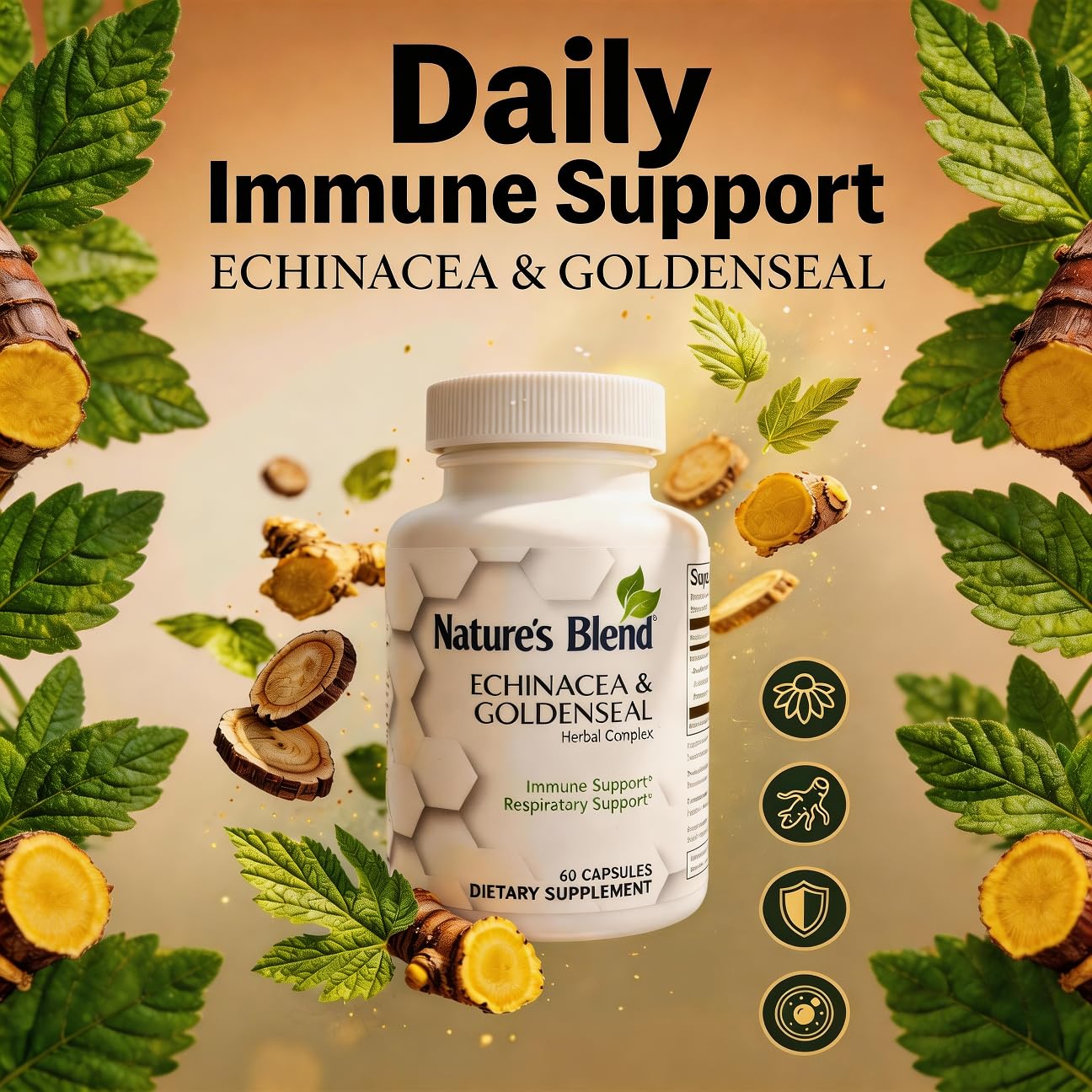 Nature's Blend Echinacea & Goldenseal Herbal Complex, Immune Support Supplement, Whole Herb & Extract Blend 60 Capsules