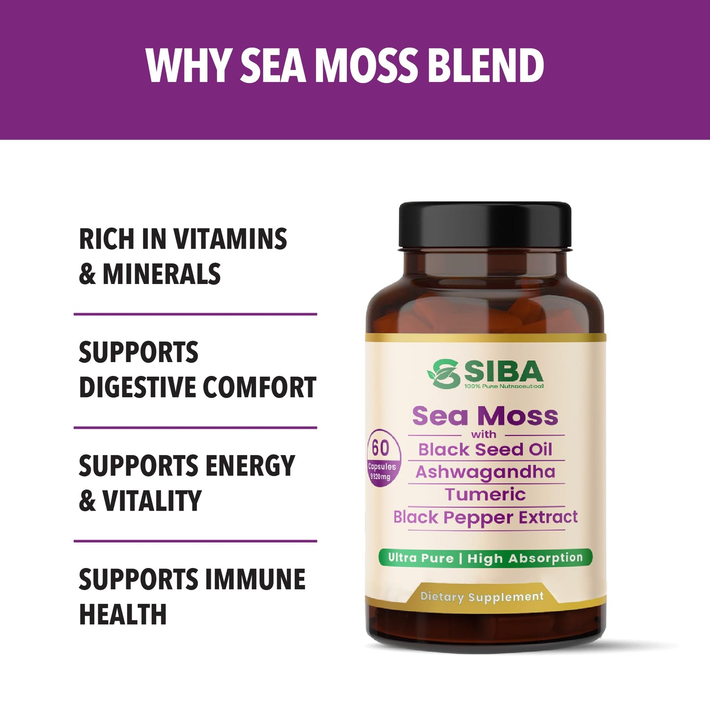 Siba Nutraceutical LLC Ultra Pure Sea Moss Blend Capsules 120 Count