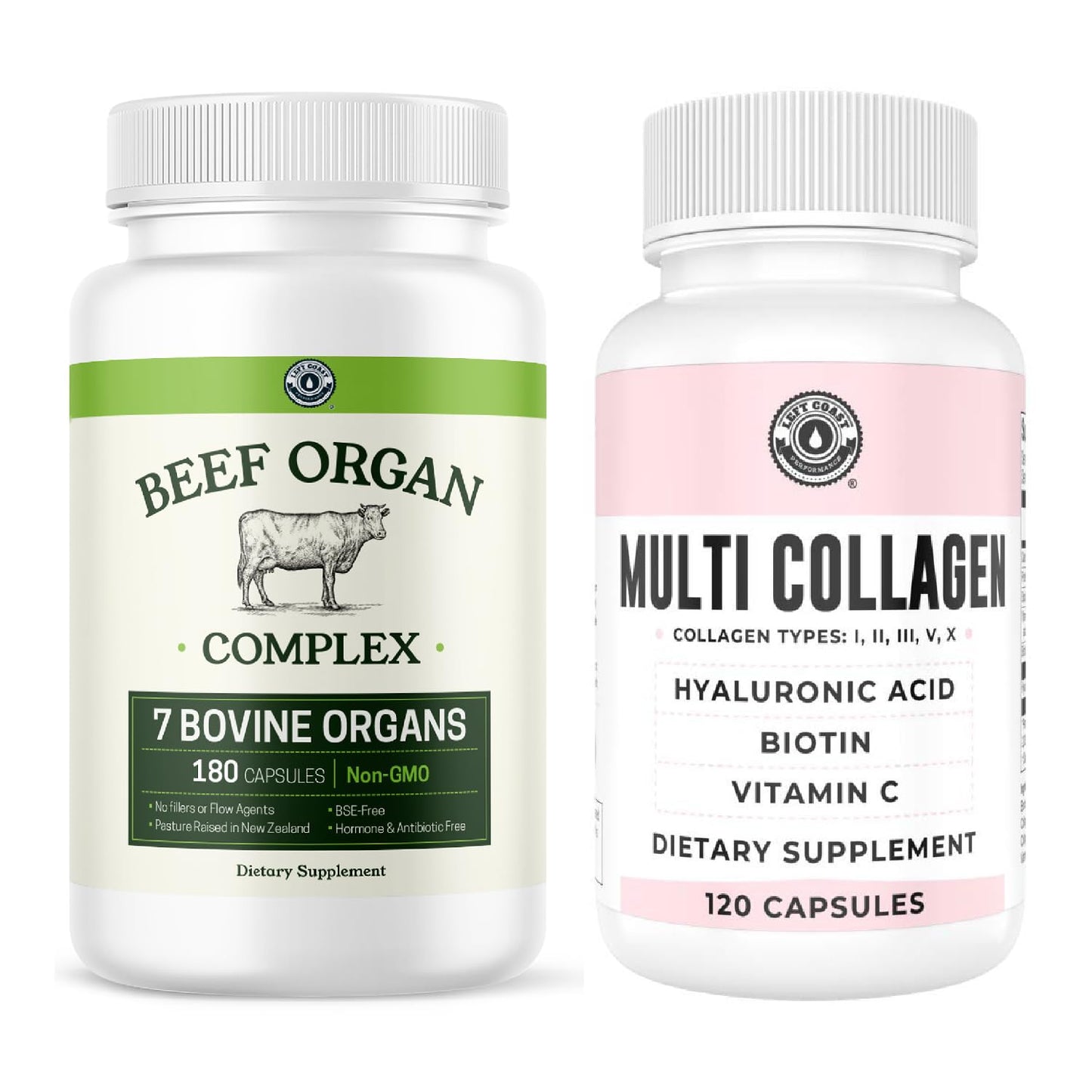 Left Coast Performance Beef Organ Complex Capsules and Multi Collagen Capsules, 300 Capsules