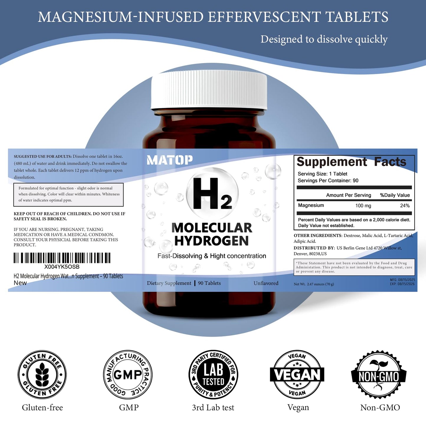 MATOP H2 Molecular Hydrogen Water Tablets – High-Concentration Hydrogen Tablets for Drinking Water, Magnesium-Based Hydrogen Supplement, 90 Tablets