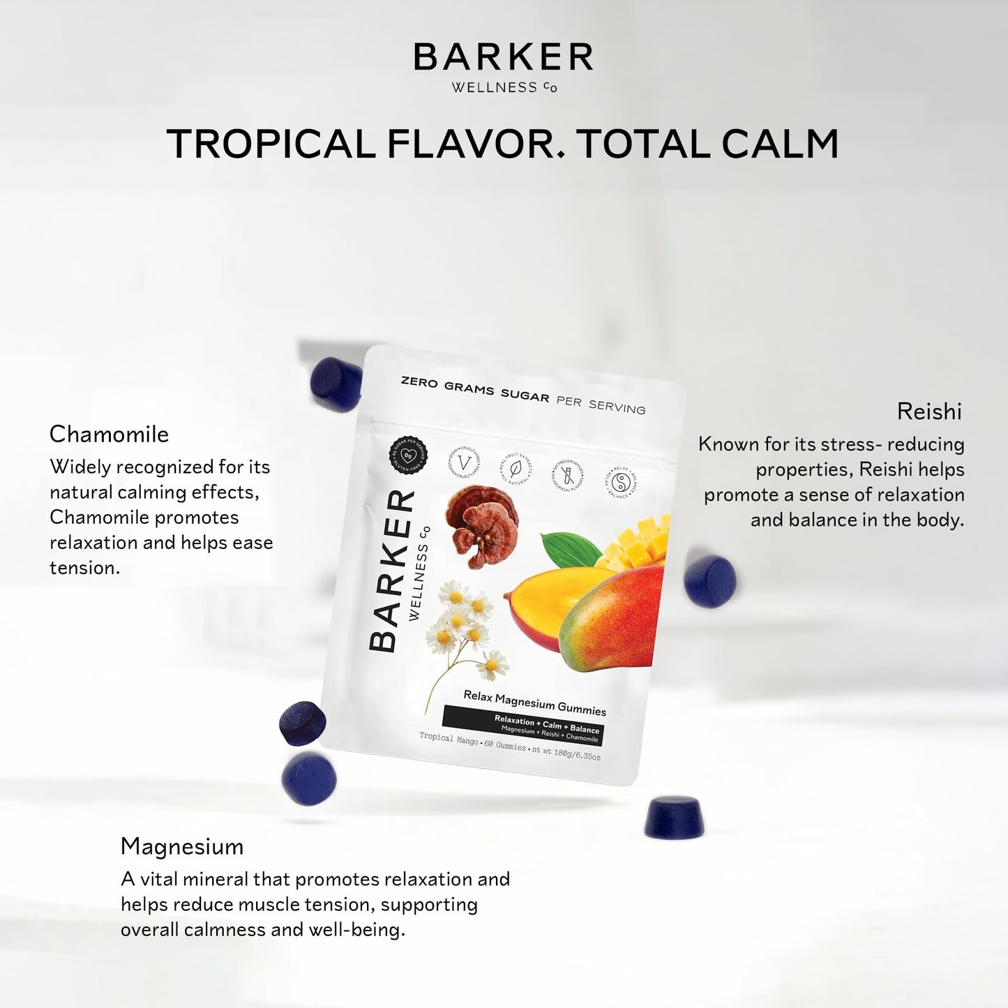 Barker Wellness Co Magnesium Gummies for Calm & Relaxation – Reishi, 60 Gummies