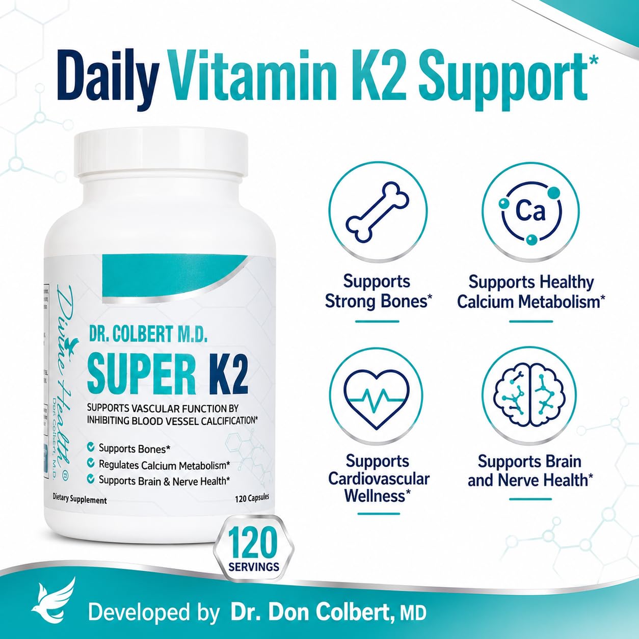 Divine Health Dr. Colbert, MD Super K2 MK-7 Vitamin K2 200mcg Capsules, 120 Capsules