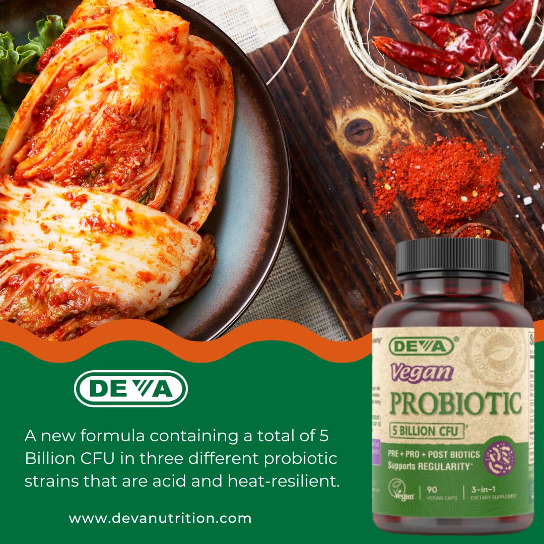 DEVA Vegan Probiotic Supplement - Pre, Pro, and Postbiotics for Digestive Health 5 Billion CFU Capsule 90