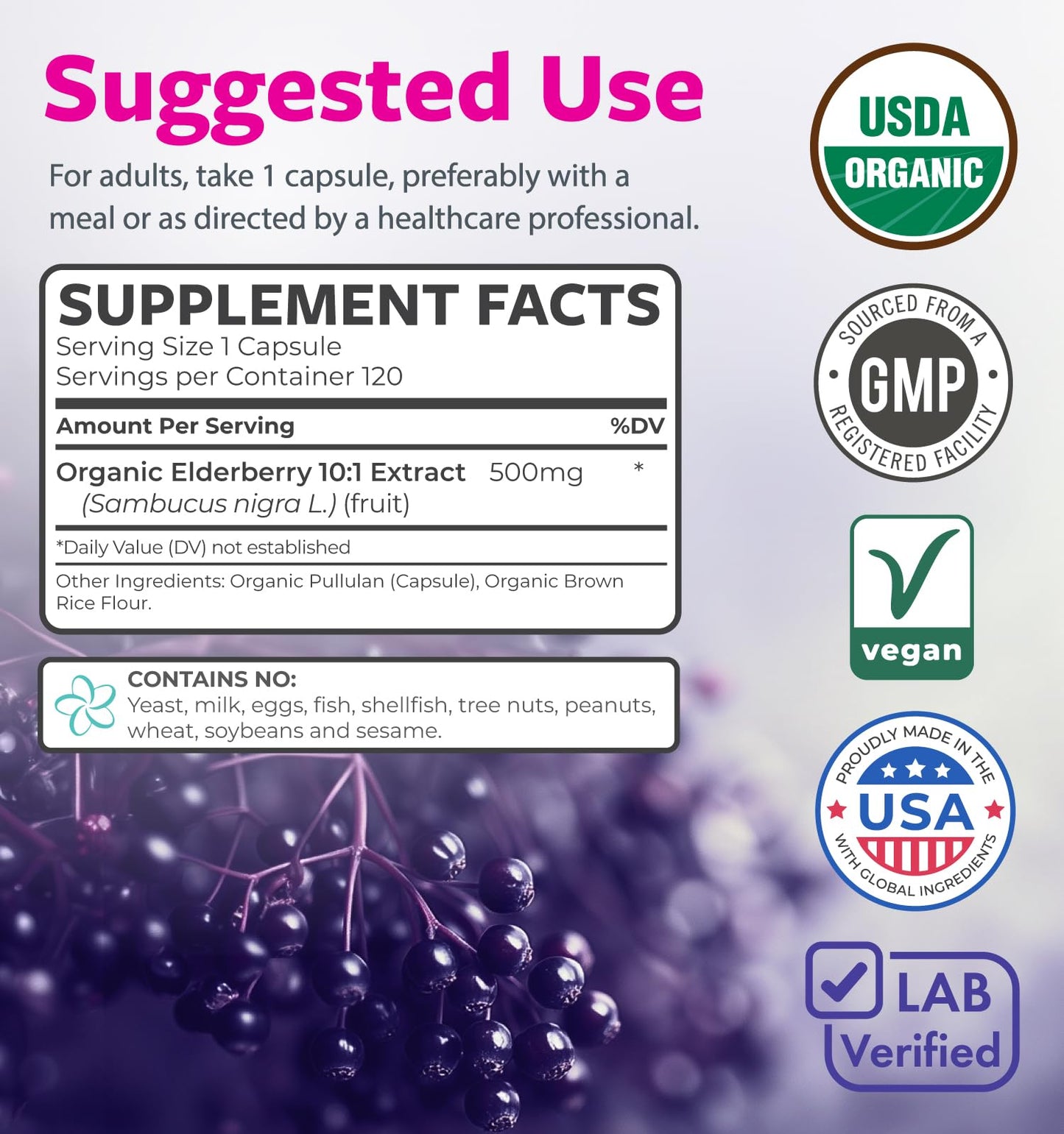 PURE CO Organic Elderberry Capsules, 120 Capsules