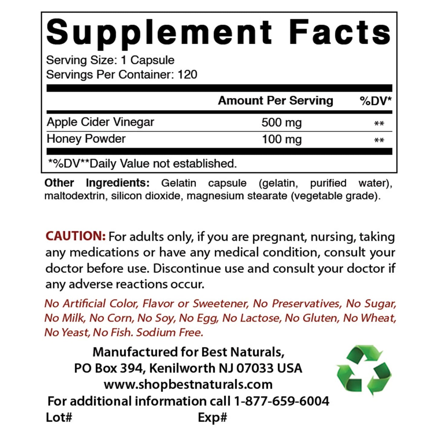 Best Naturals Apple Cider Vinegar Plus 600 Mg Capsules 240 Count