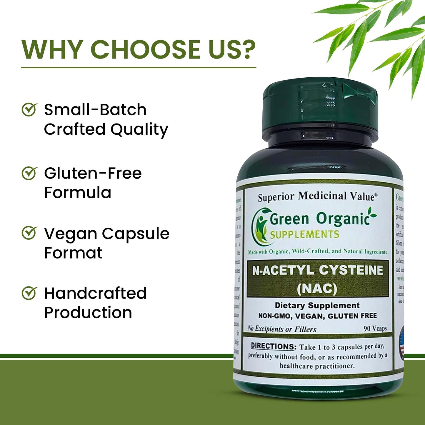 Green Organic Supplements N-Acetyl Cysteine Capsules 90 Count